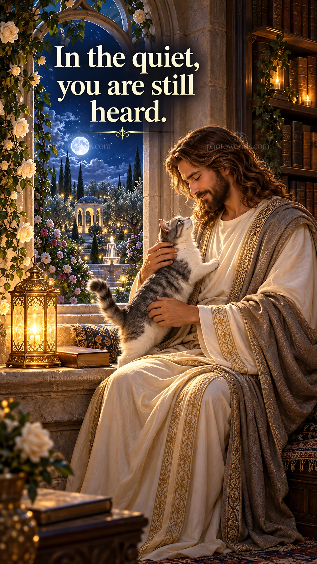 Jesus Christ comforting a cat in a quiet setting - AI-generated stock image