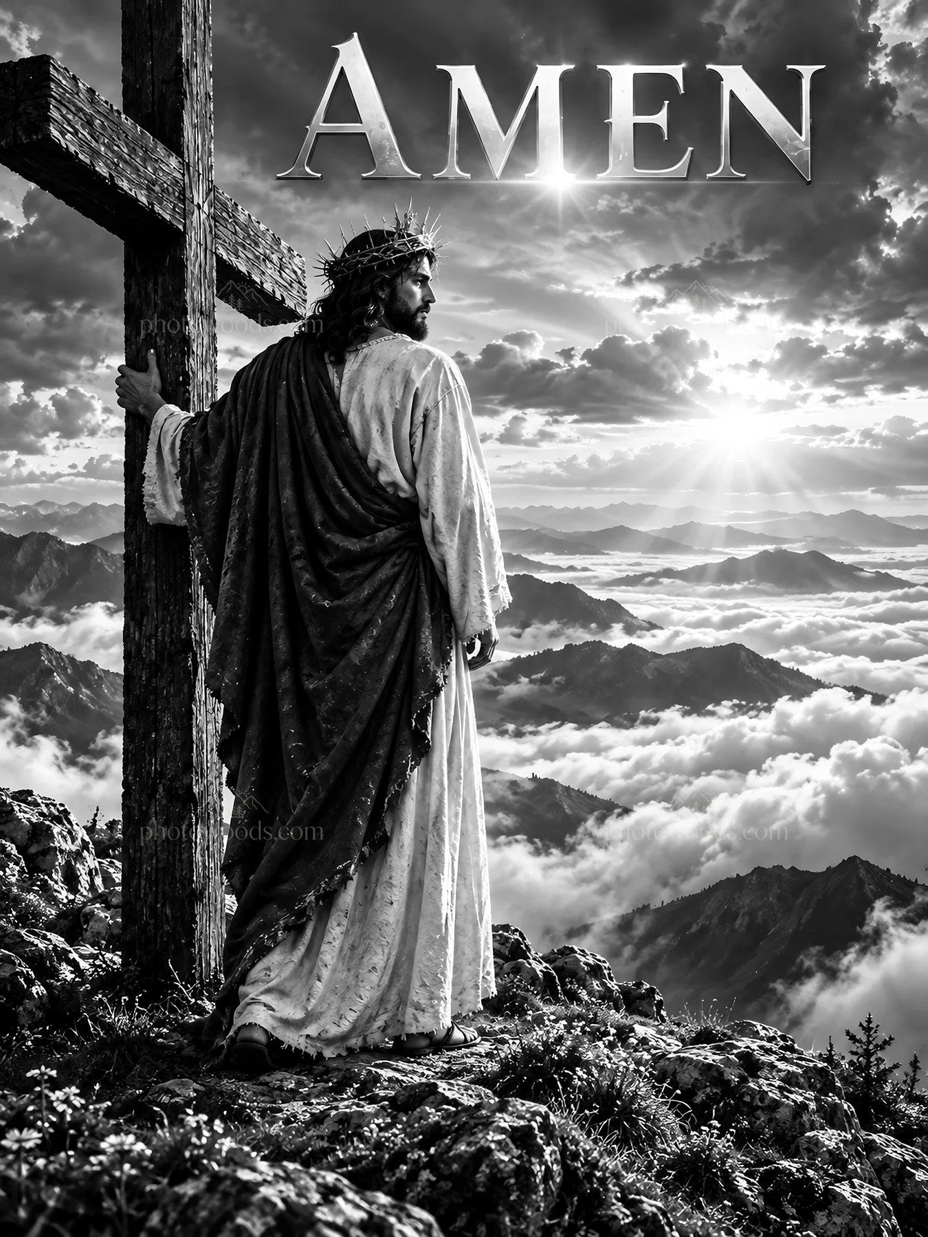 Jesus Christ standing by a cross with a mountain backdrop - AI-generated stock image