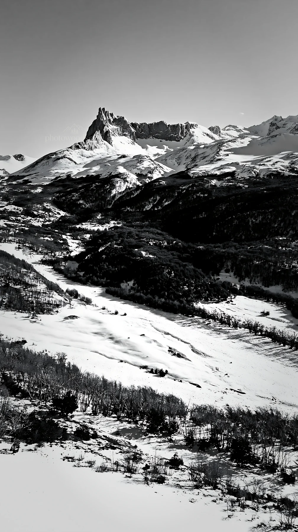 Black and white aerial view snowy meadow valley shows mountains in the background - AI-generated stock image