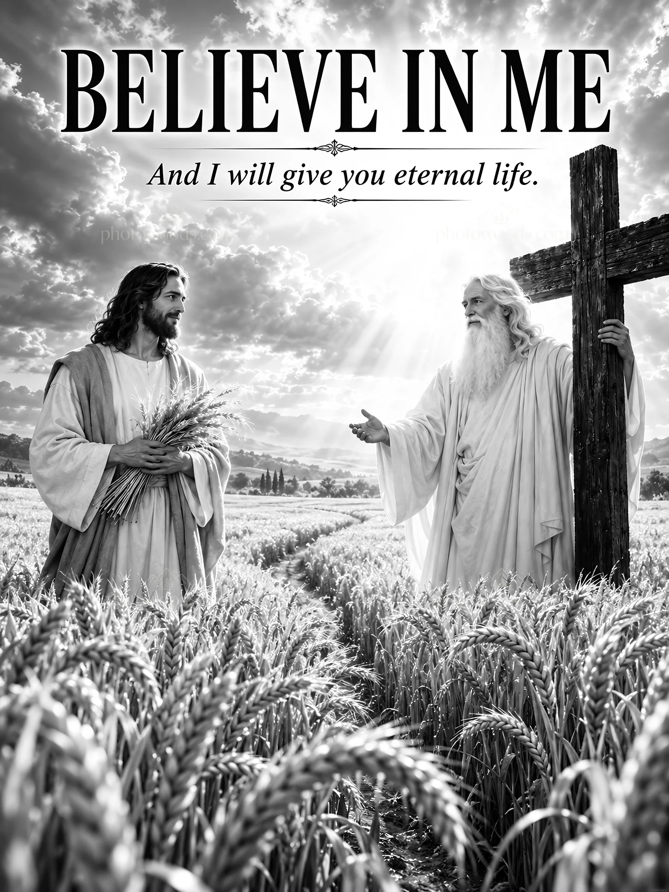 Jesus Christ speaks about eternal life in a field of wheat - AI-generated stock image
