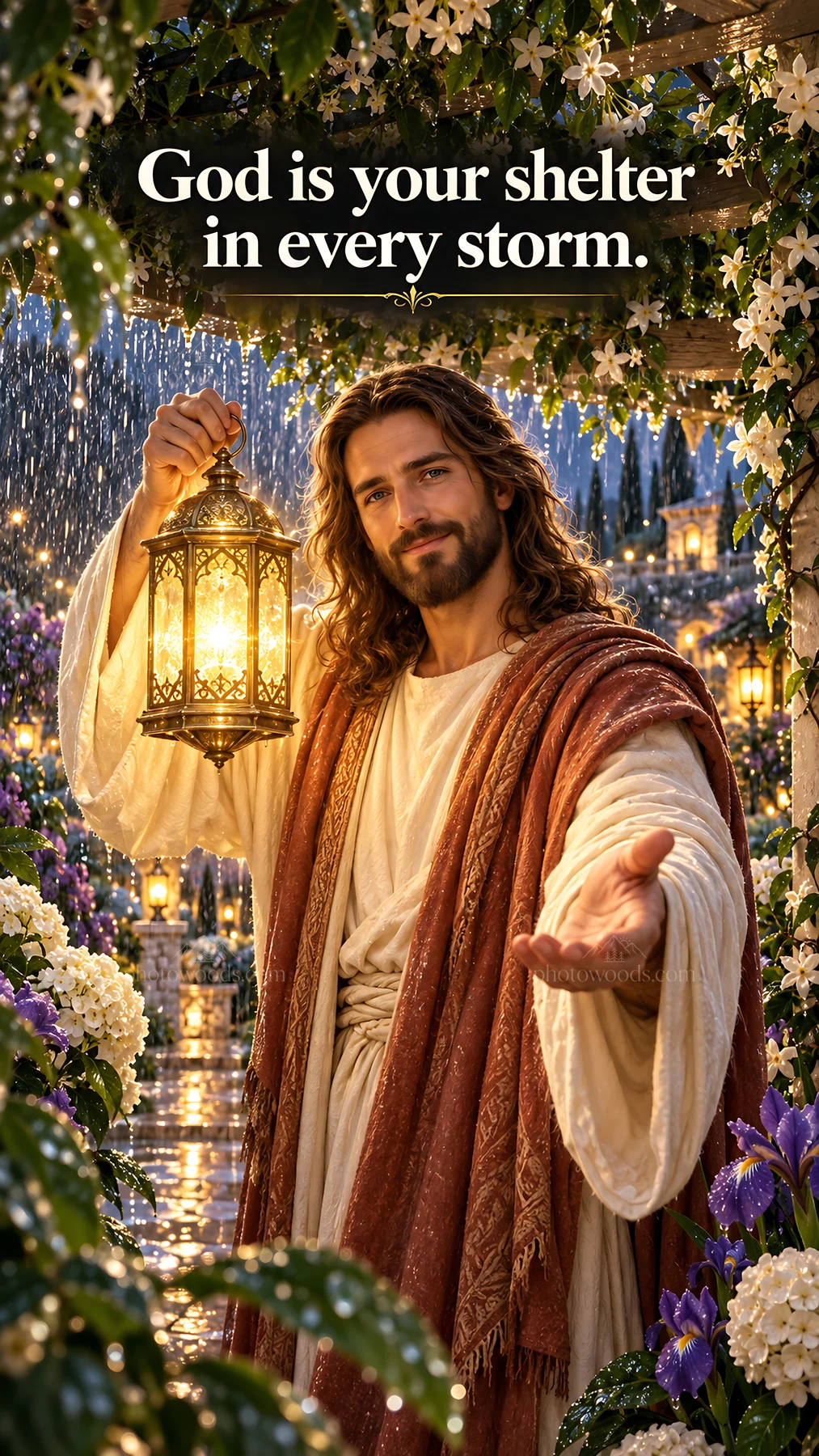 Jesus Christ offering comfort with a lantern in a garden - AI-generated stock image