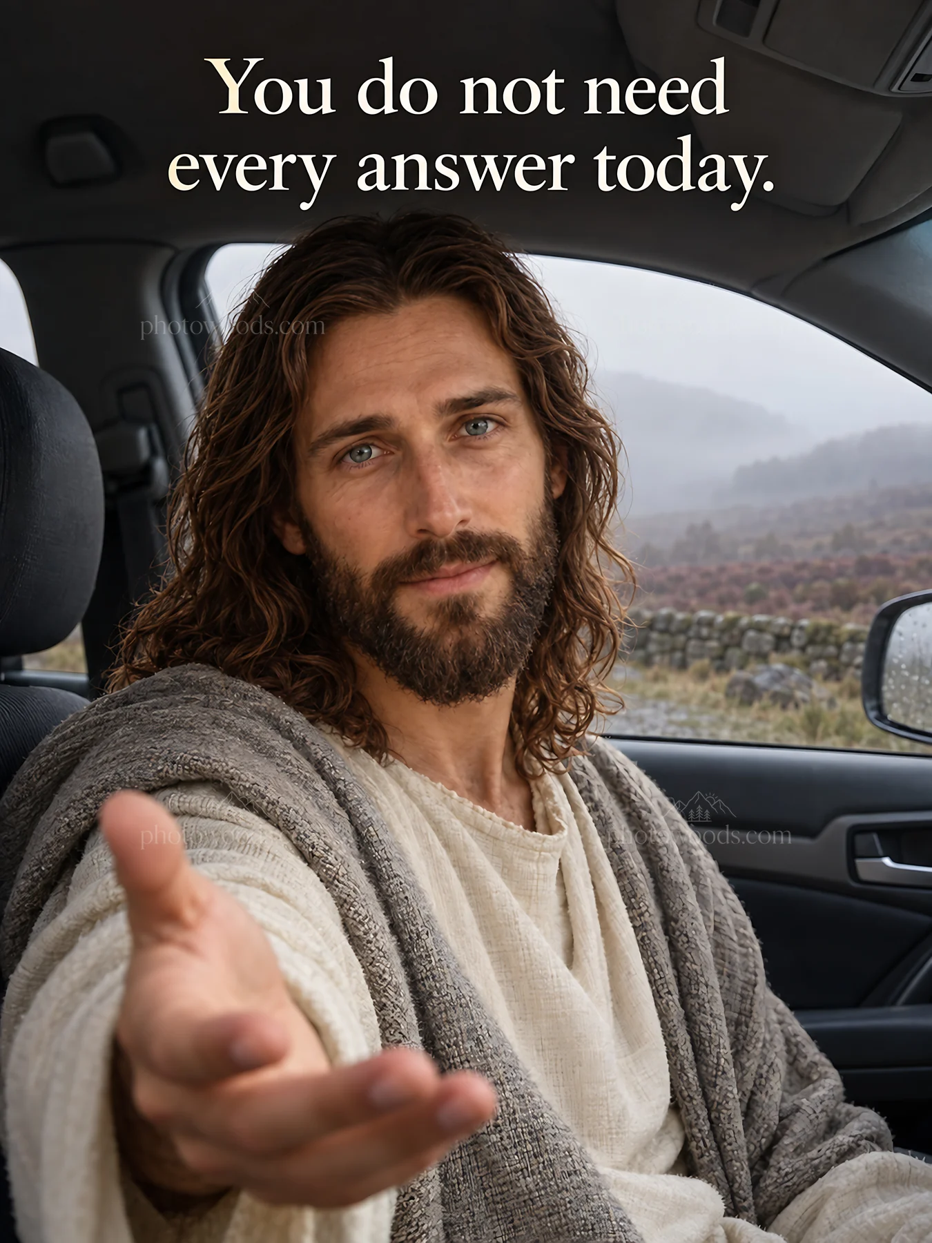 Jesus Christ offering comfort and guidance in a car setting - AI-generated stock image