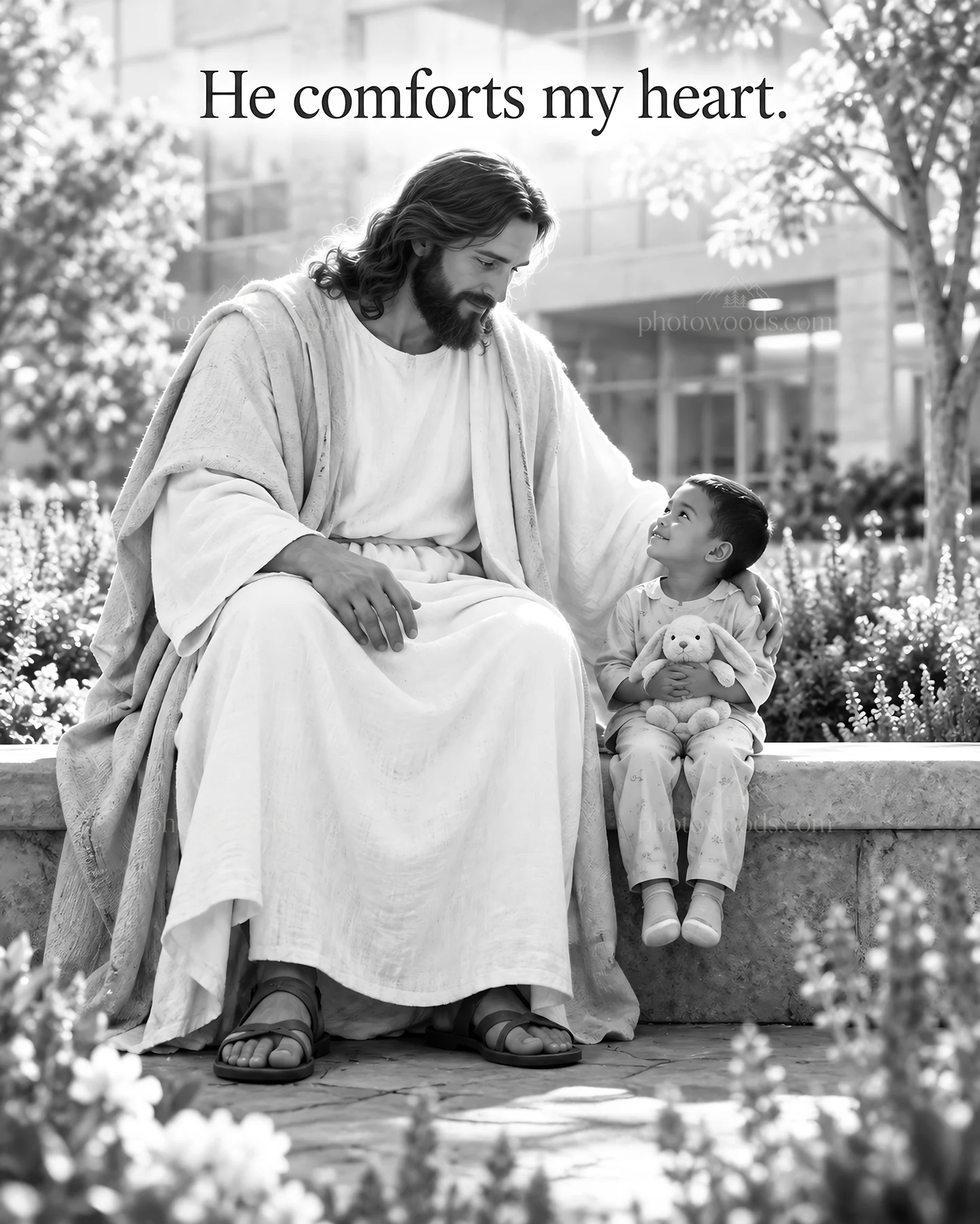 Jesus Christ comforts a child in a garden setting - AI-generated stock image