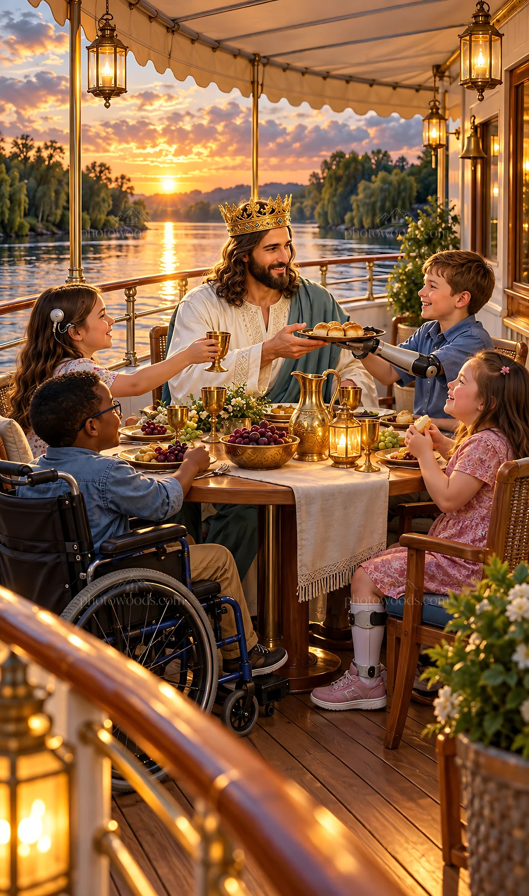 Jesus Christ sharing a meal with children by the water - AI-generated stock image