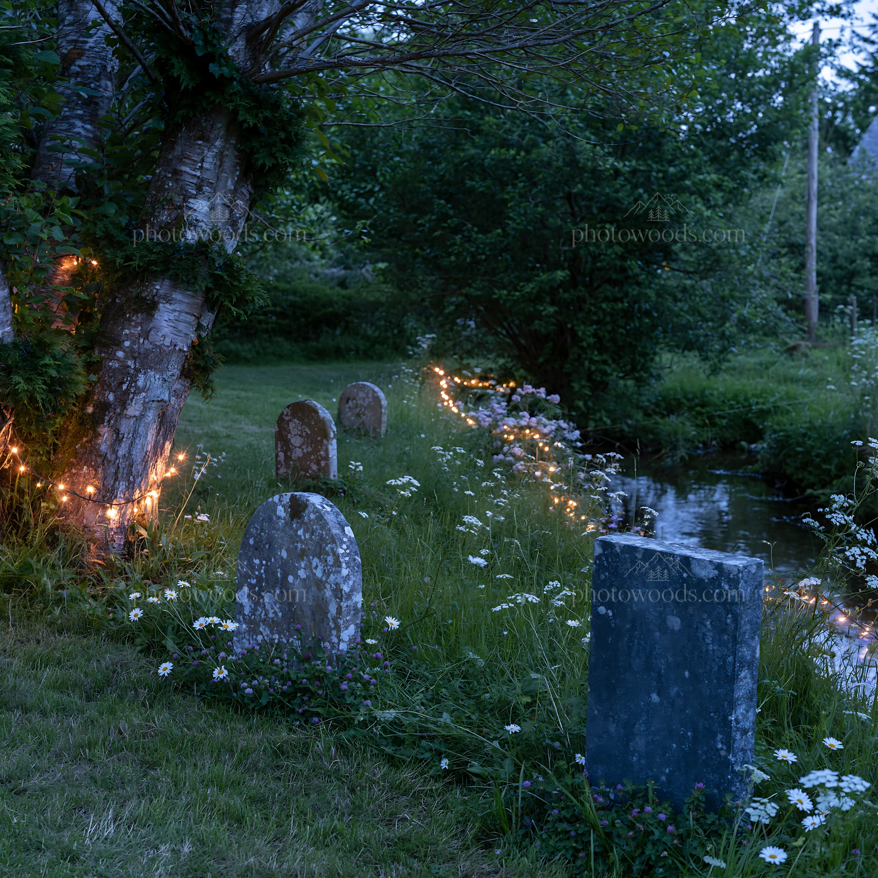 Christmas lights beside stream in meadow at dusk - AI-generated stock image