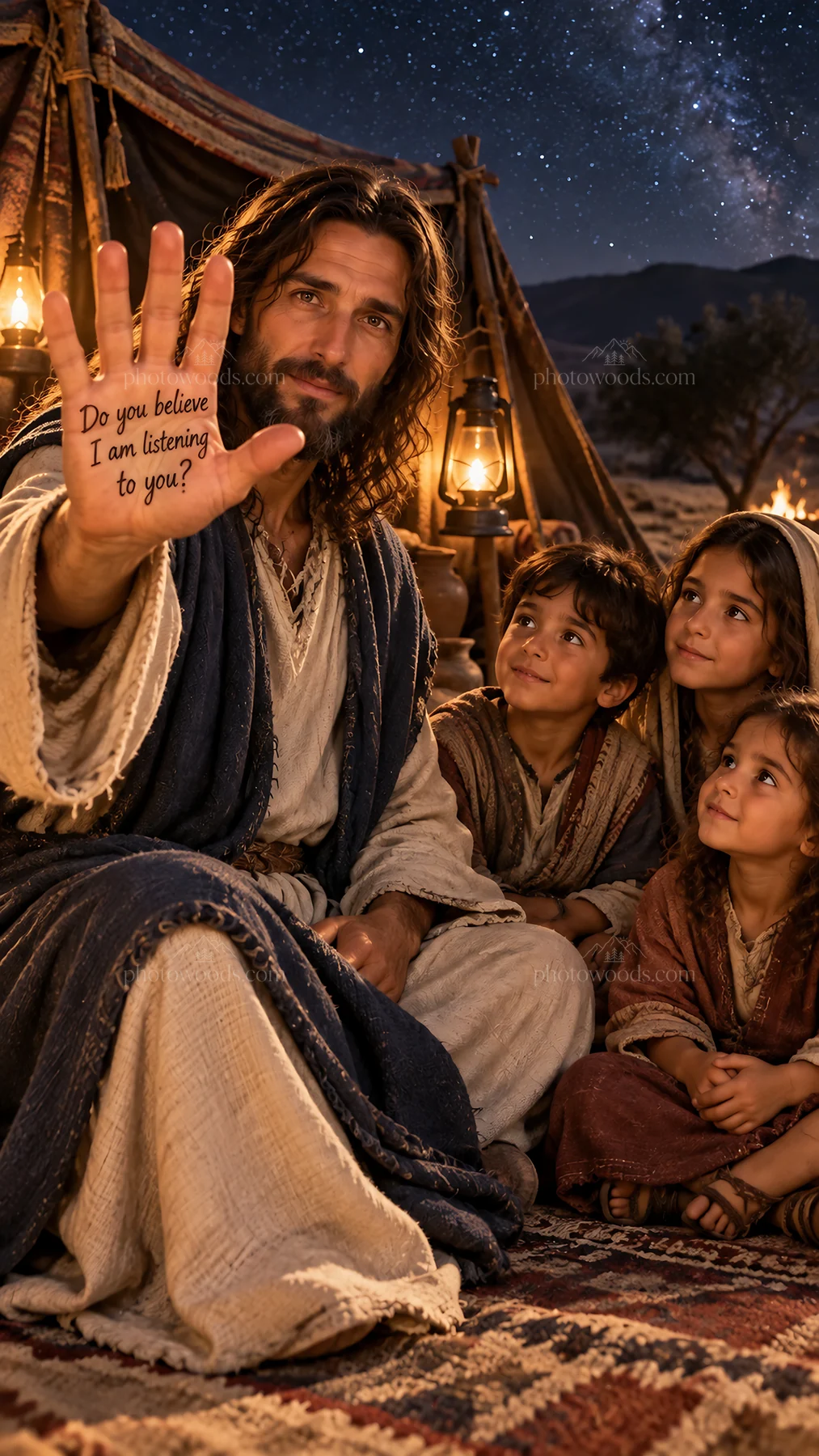 Jesus Christ speaking to children and sharing a message - AI-generated stock image
