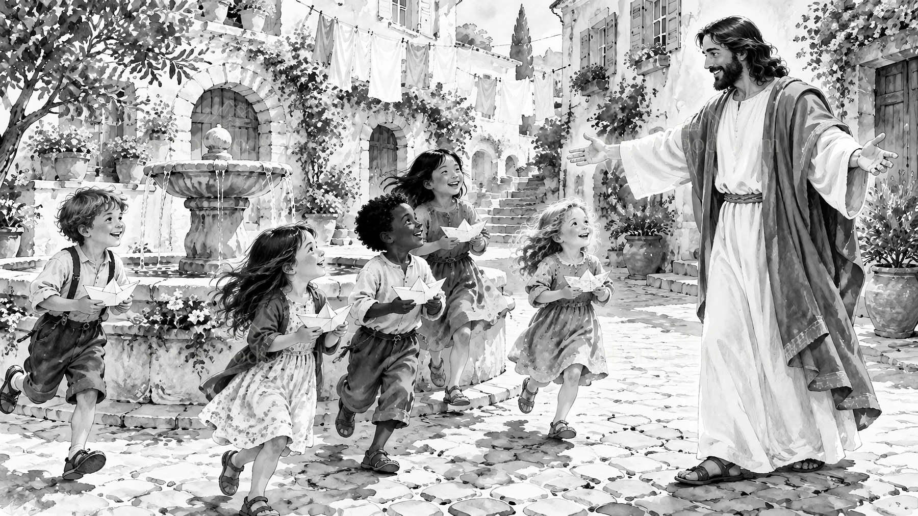 Jesus Christ welcoming children in a village setting - AI-generated stock image