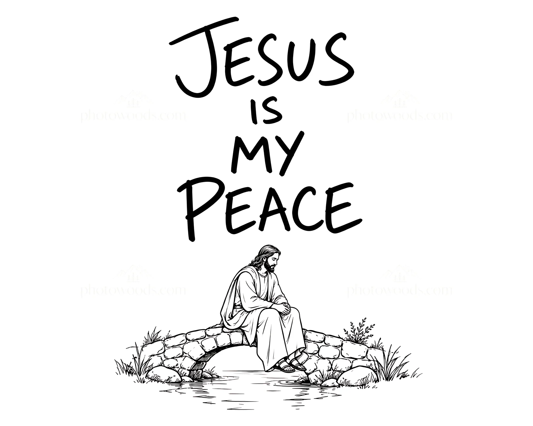 Jesus Christ sitting on a bridge reflecting and offering peace - AI-generated stock image
