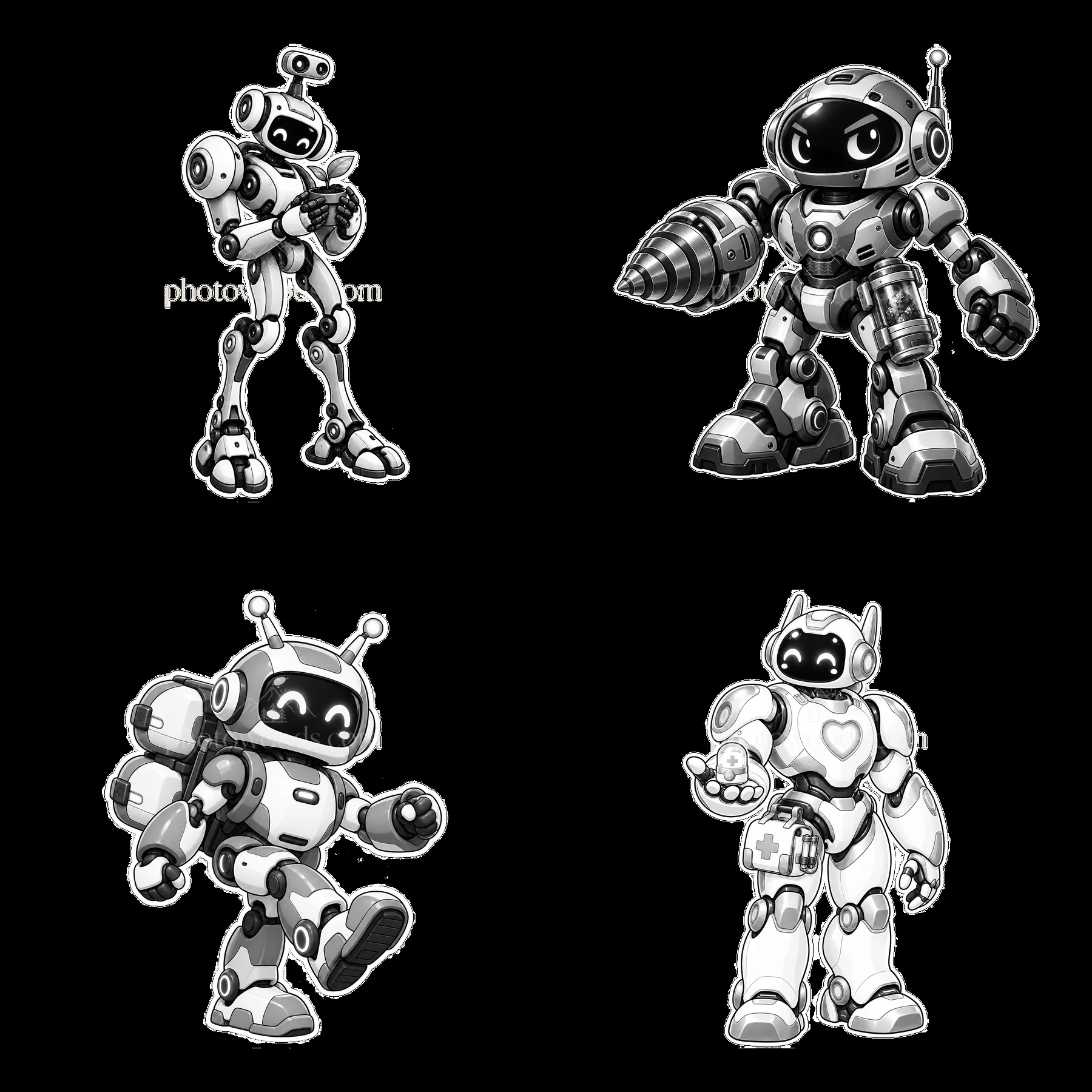 Four mech robots in black and white design - AI-generated stock image