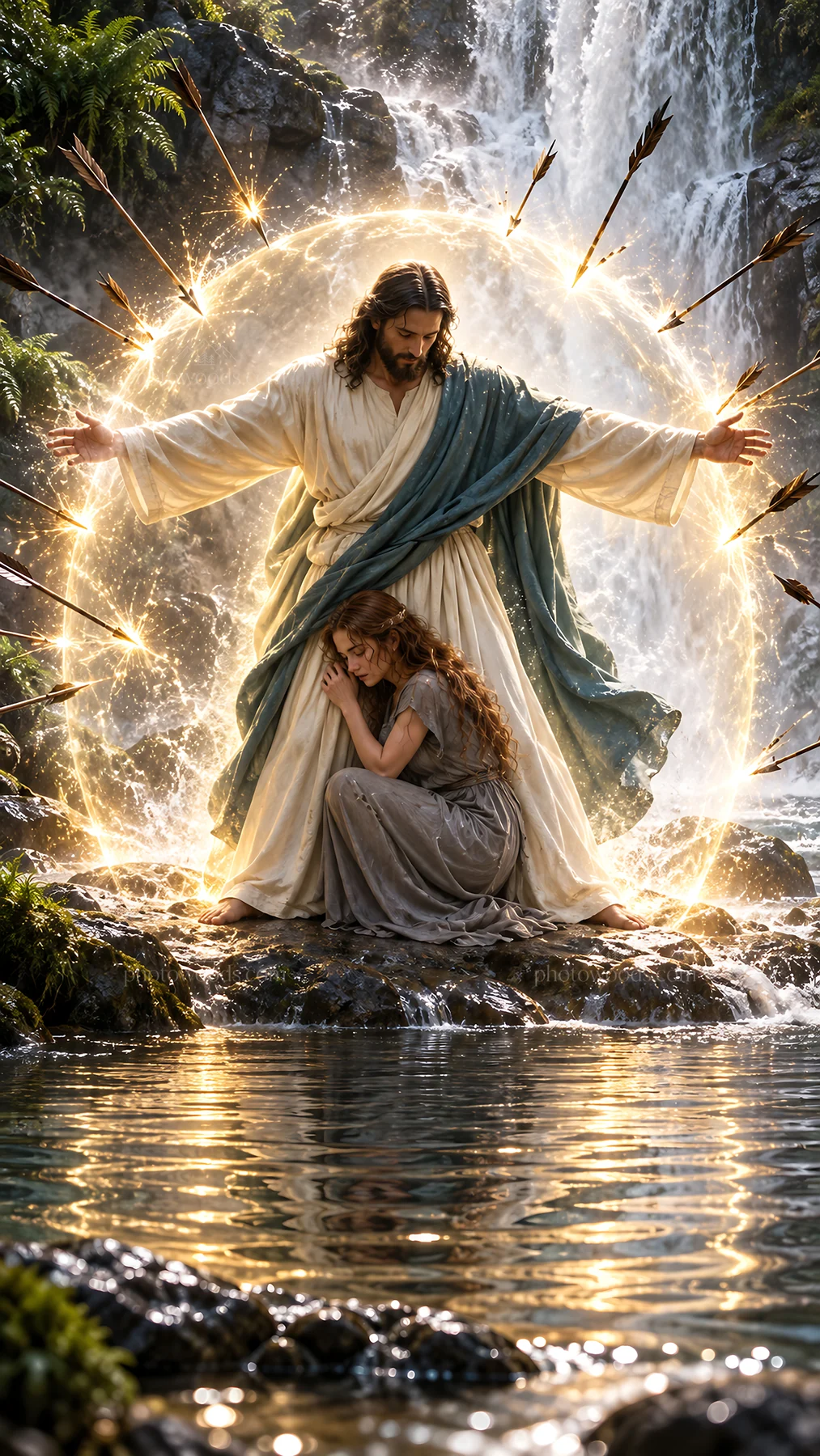 Jesus Christ comforting a woman by a waterfall - AI-generated stock image
