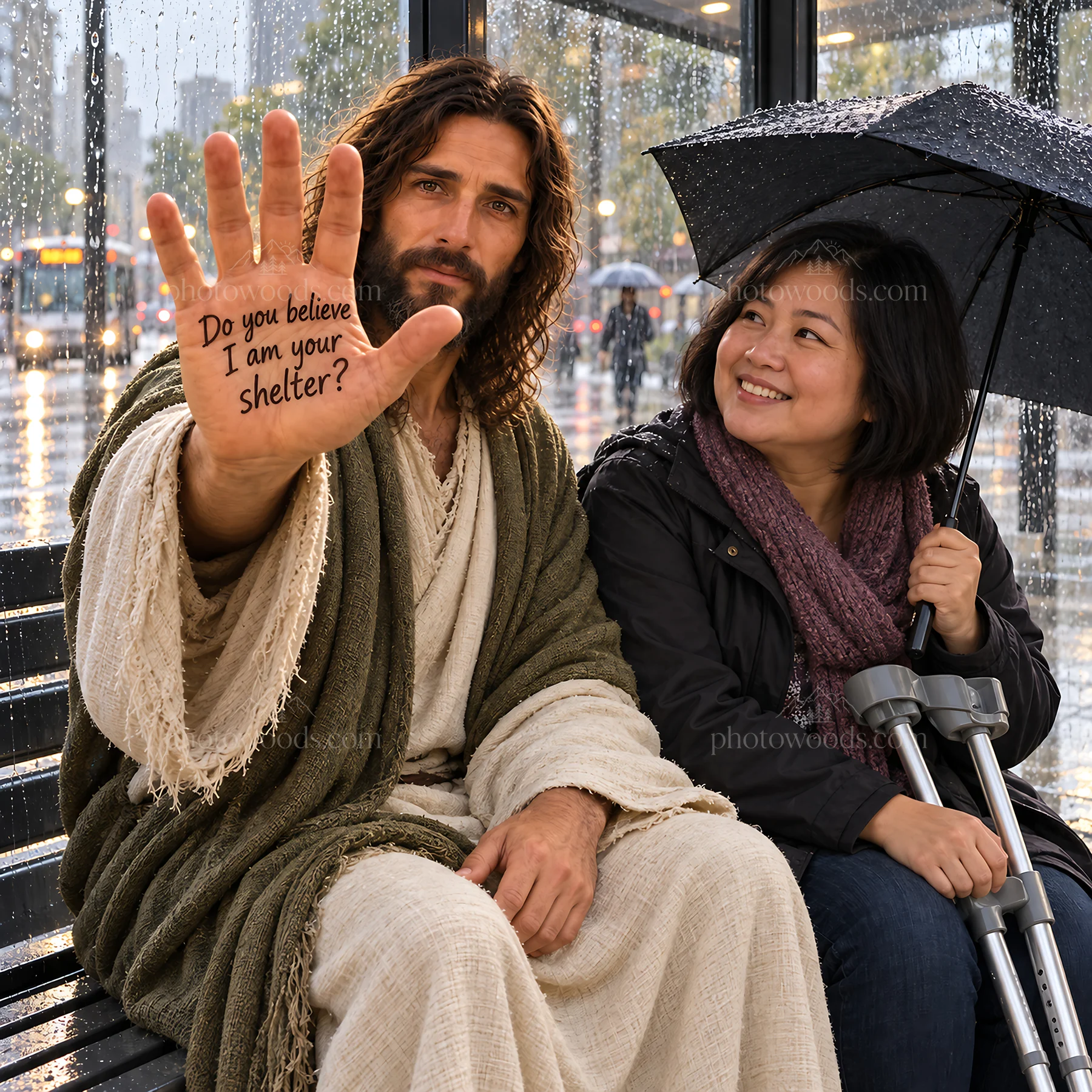 Jesus Christ offering comfort and shelter to a woman - AI-generated stock image