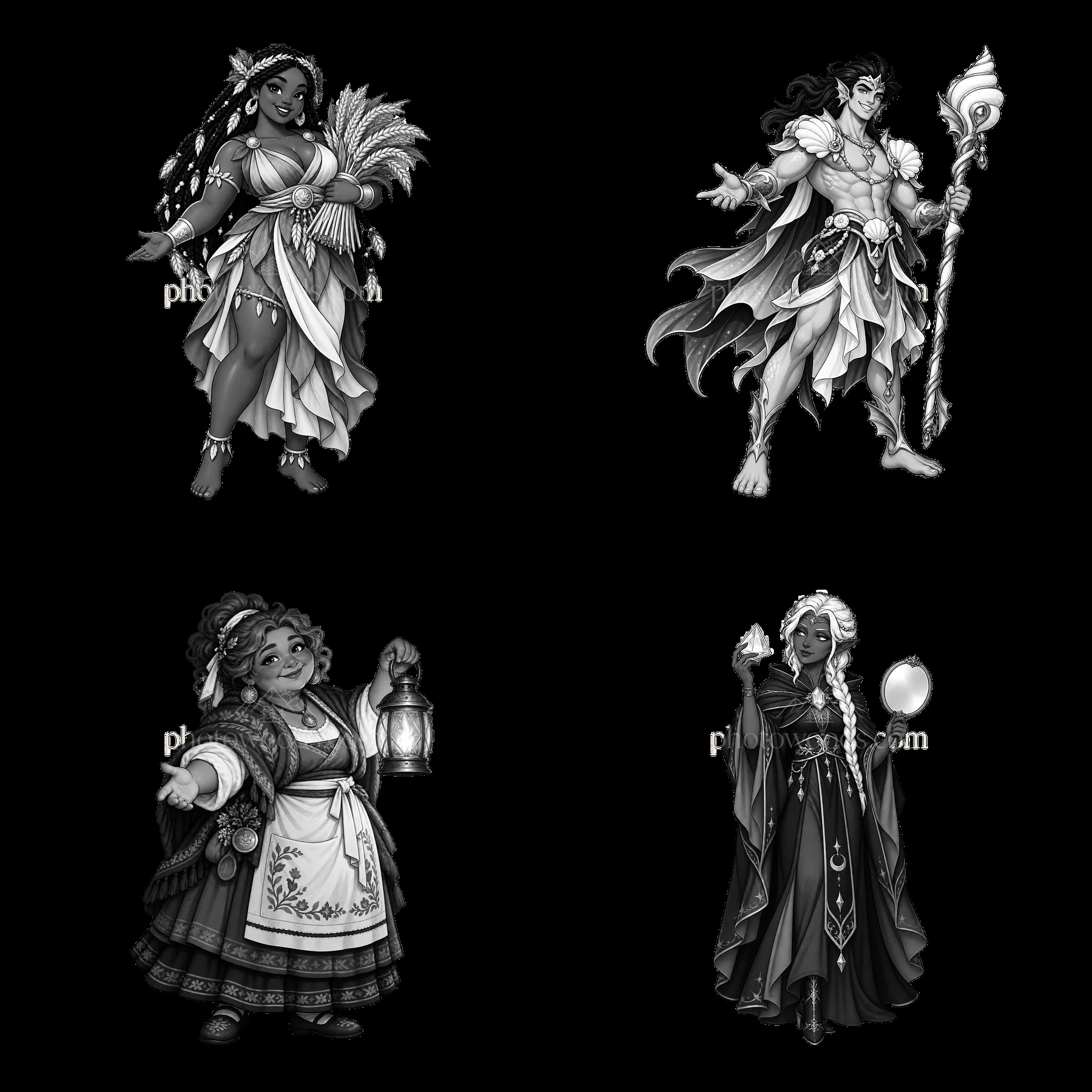 Pagan gods group in monochrome cartoon sticker illustration - AI-generated stock image
