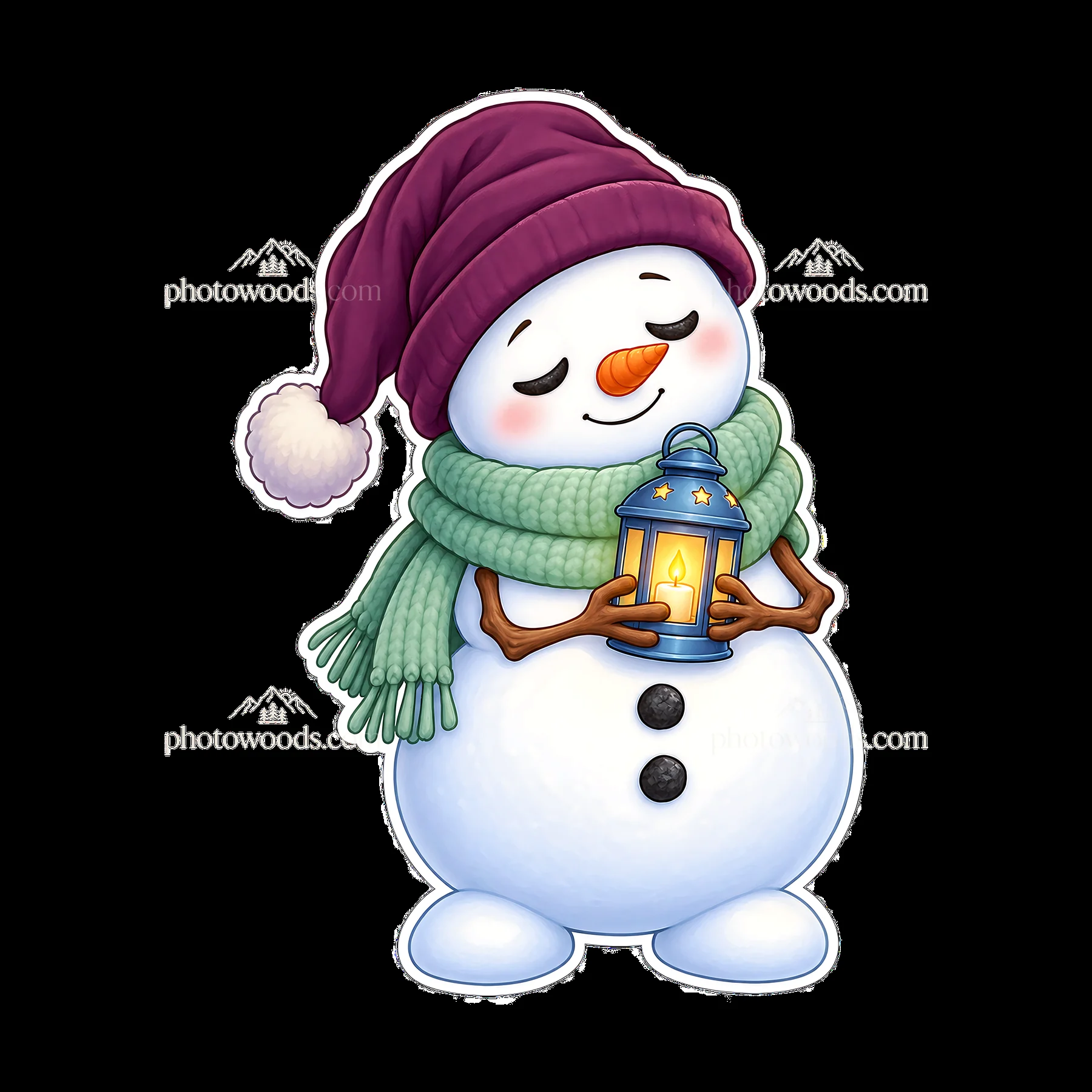 Snowman holding a lantern, wearing a green scarf and purple hat - AI-generated stock image