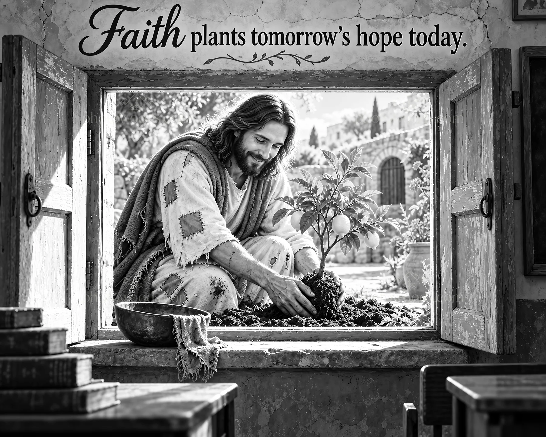 Jesus Christ planting a tree in a garden setting - AI-generated stock image