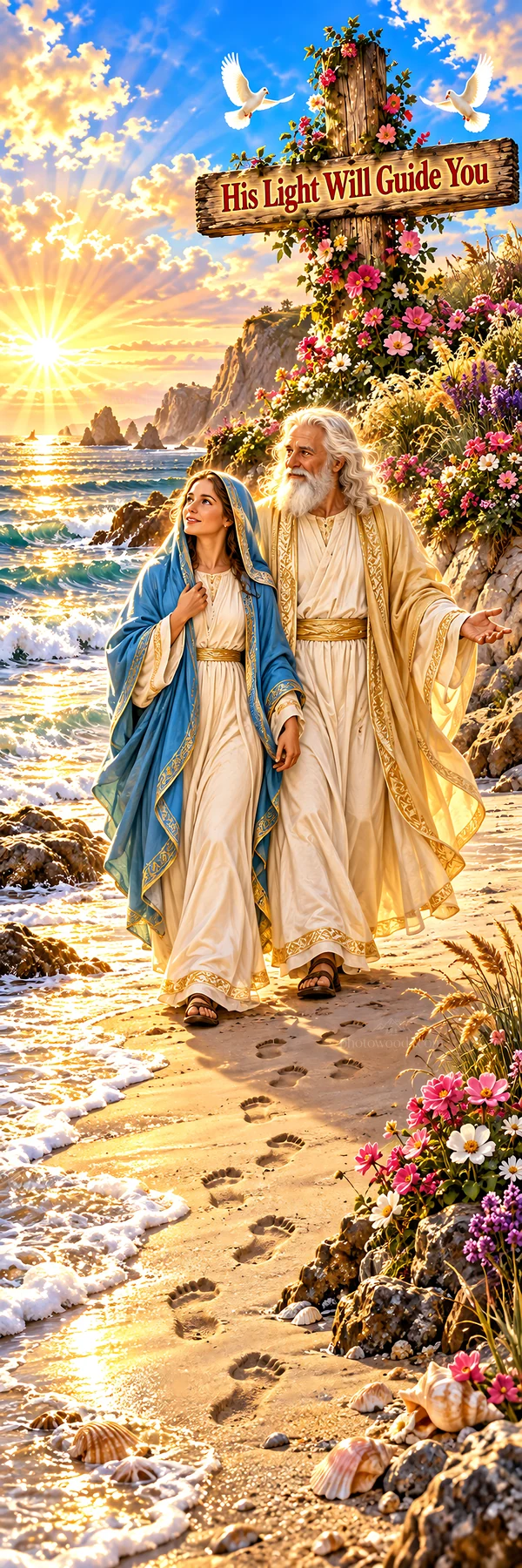 Jesus Christ walking by the sea with a woman - AI-generated stock image