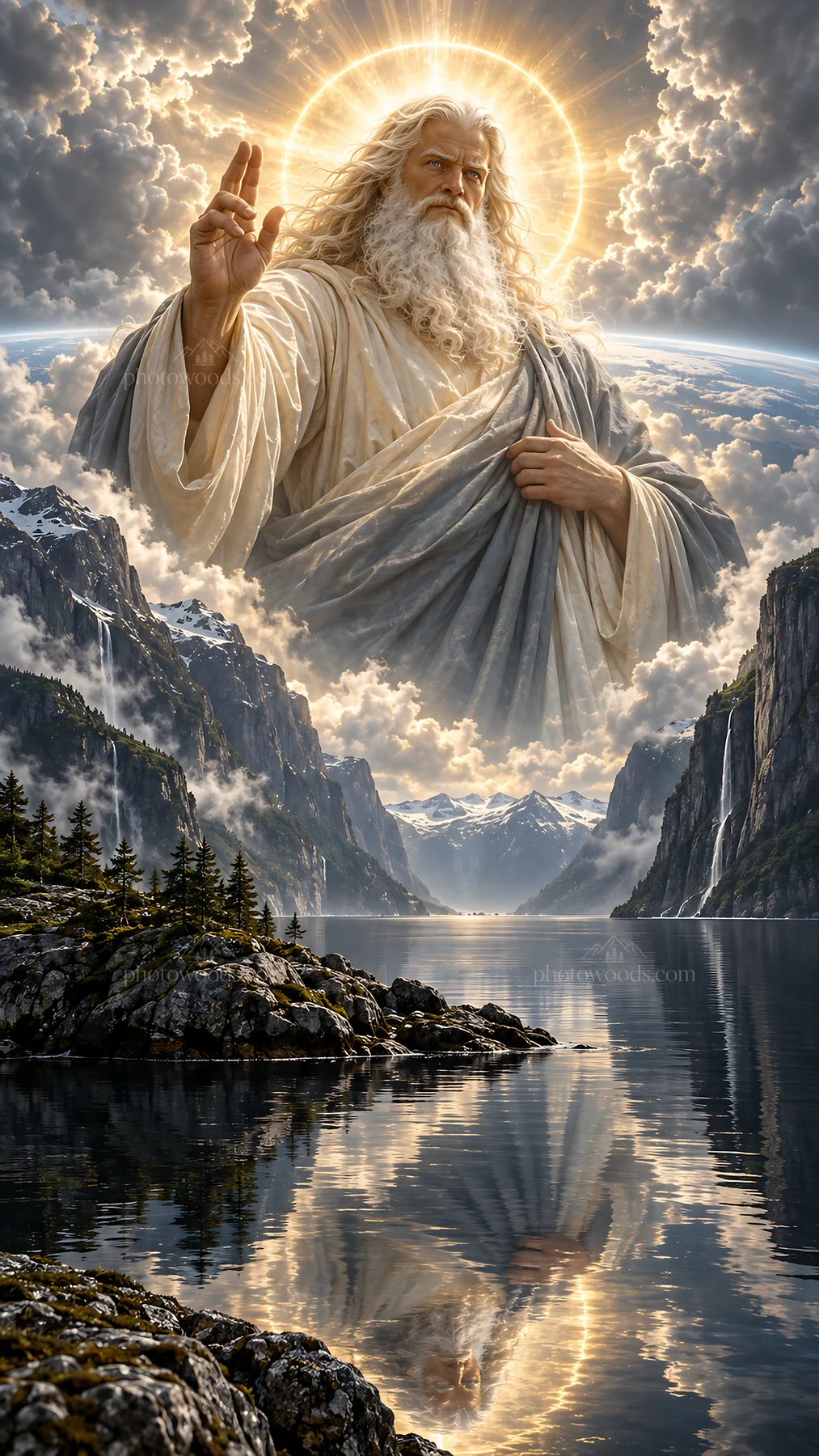 Jesus Christ appearing in a majestic natural setting - AI-generated stock image