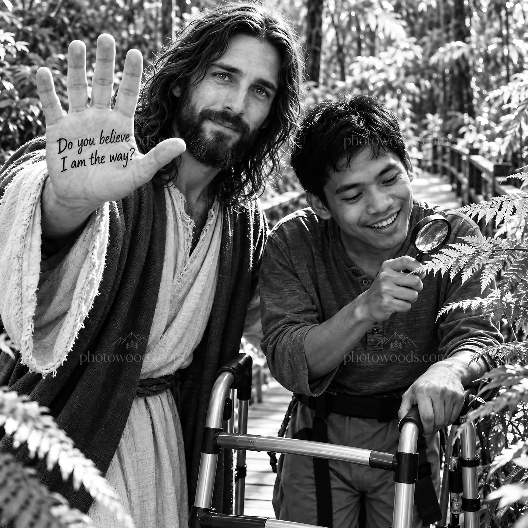 Jesus Christ offers guidance to a man in a forest setting - AI-generated stock image