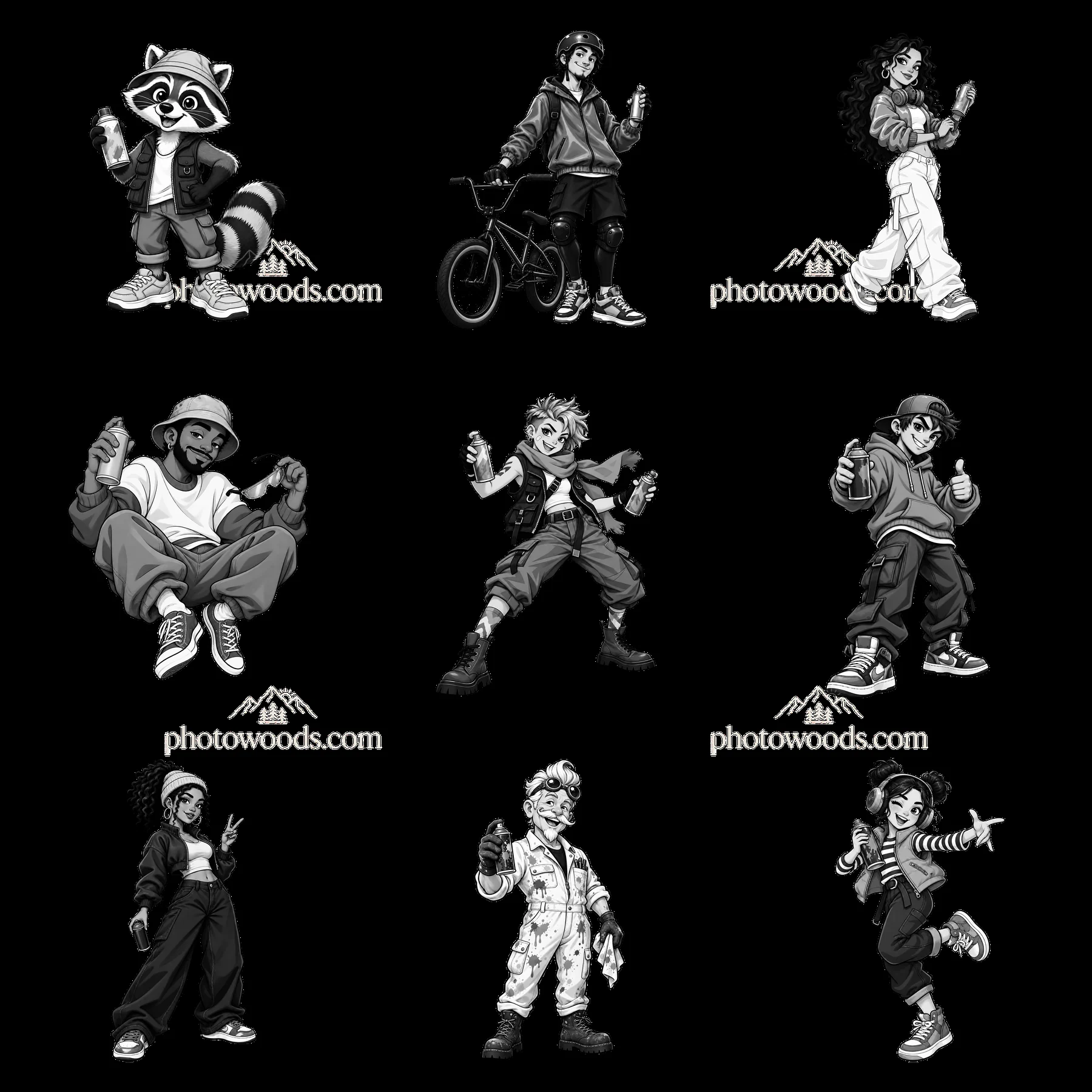 Cool graffiti sprayers posing in black-and-white cartoon style - AI-generated stock image