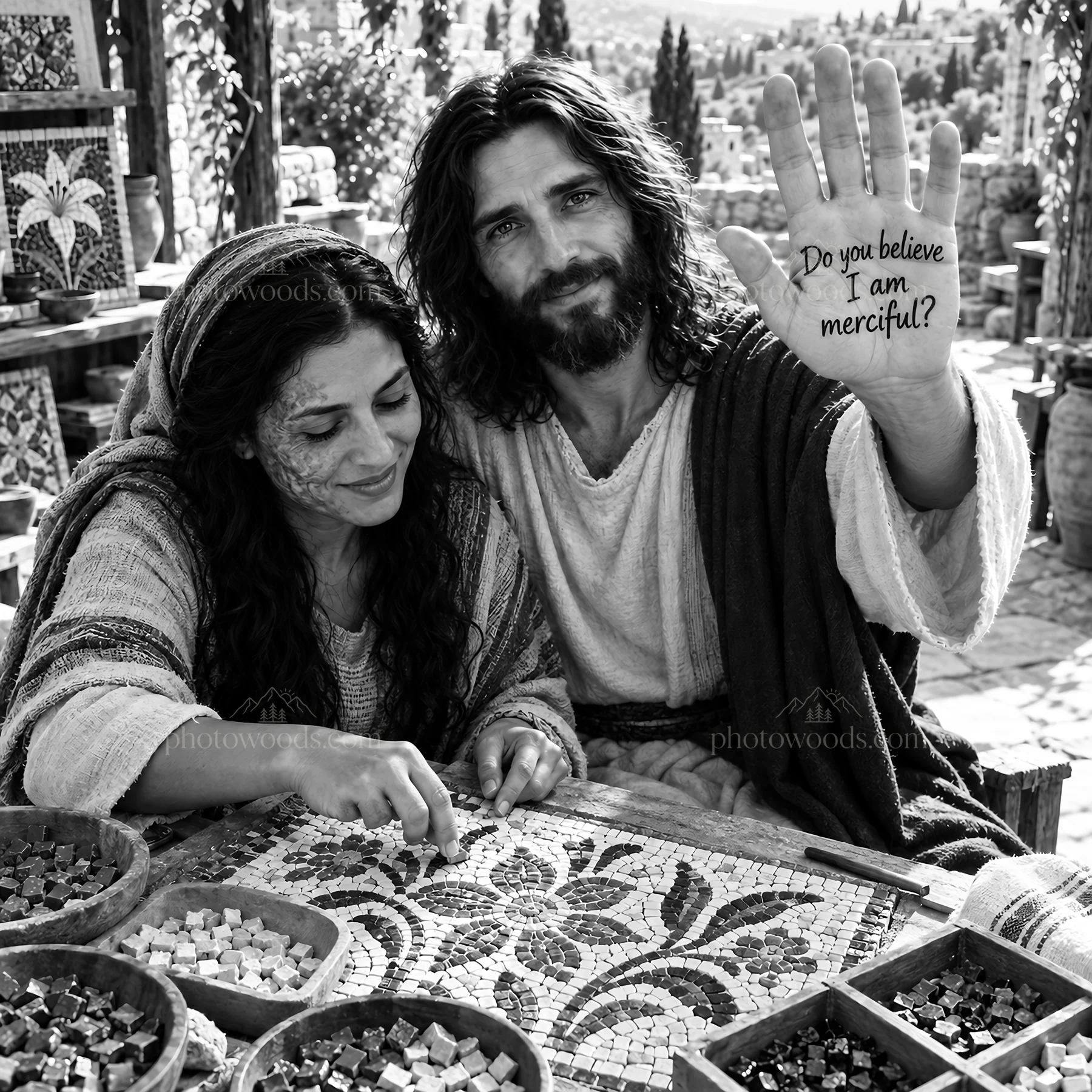 Jesus Christ teaching with a woman while creating a mosaic - AI-generated stock image