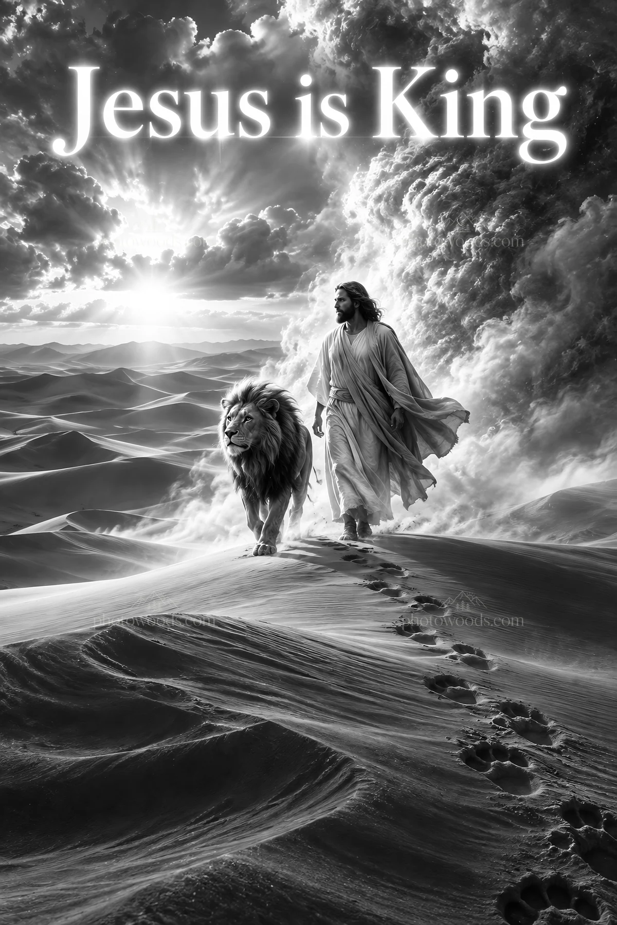 Jesus Christ walking with a lion in a desert landscape - AI-generated stock image
