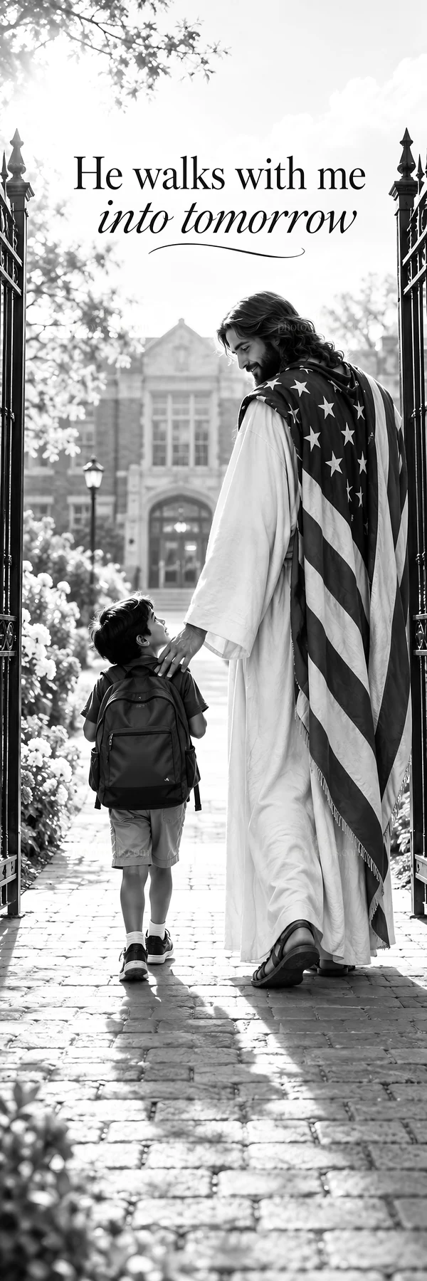 Jesus Christ walks with a child into tomorrow - AI-generated stock image