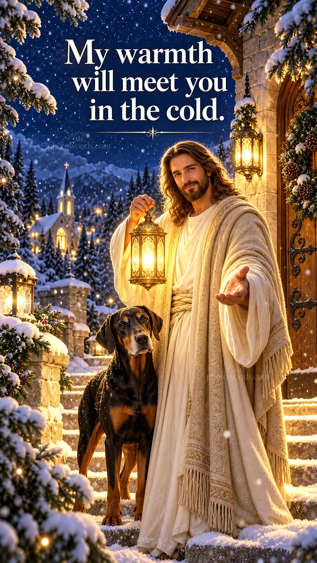 Jesus Christ offering comfort with a lantern and dog in winter - AI-generated stock image