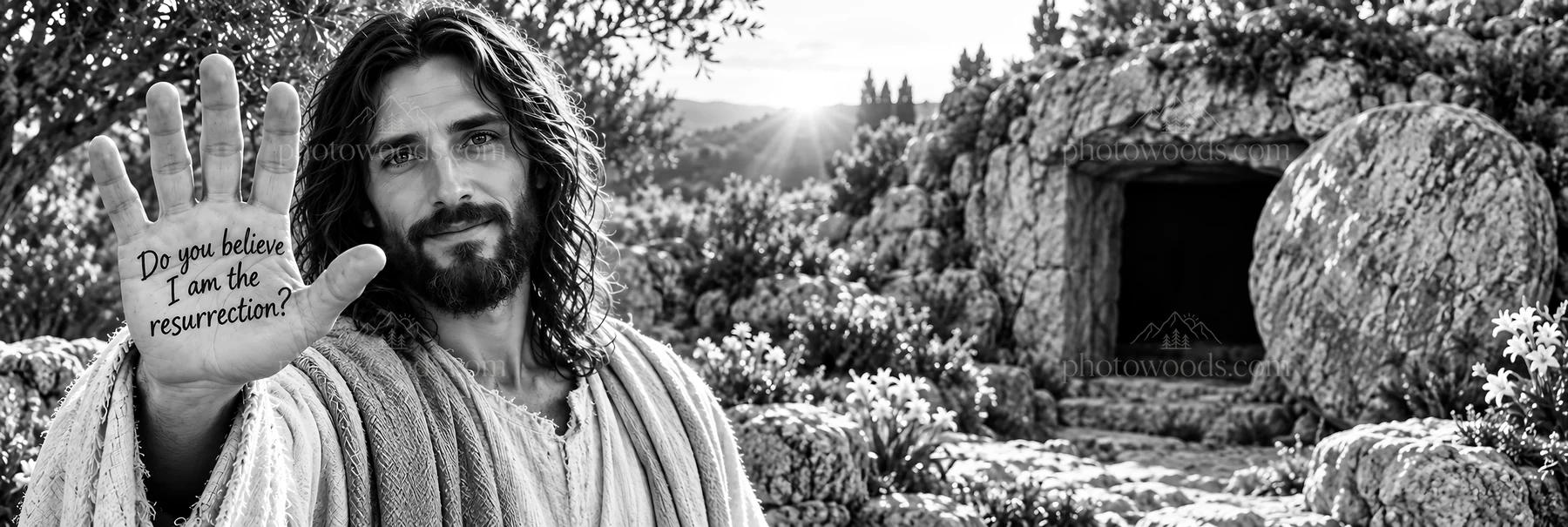 Jesus Christ showing his hand with the message of resurrection - AI-generated stock image