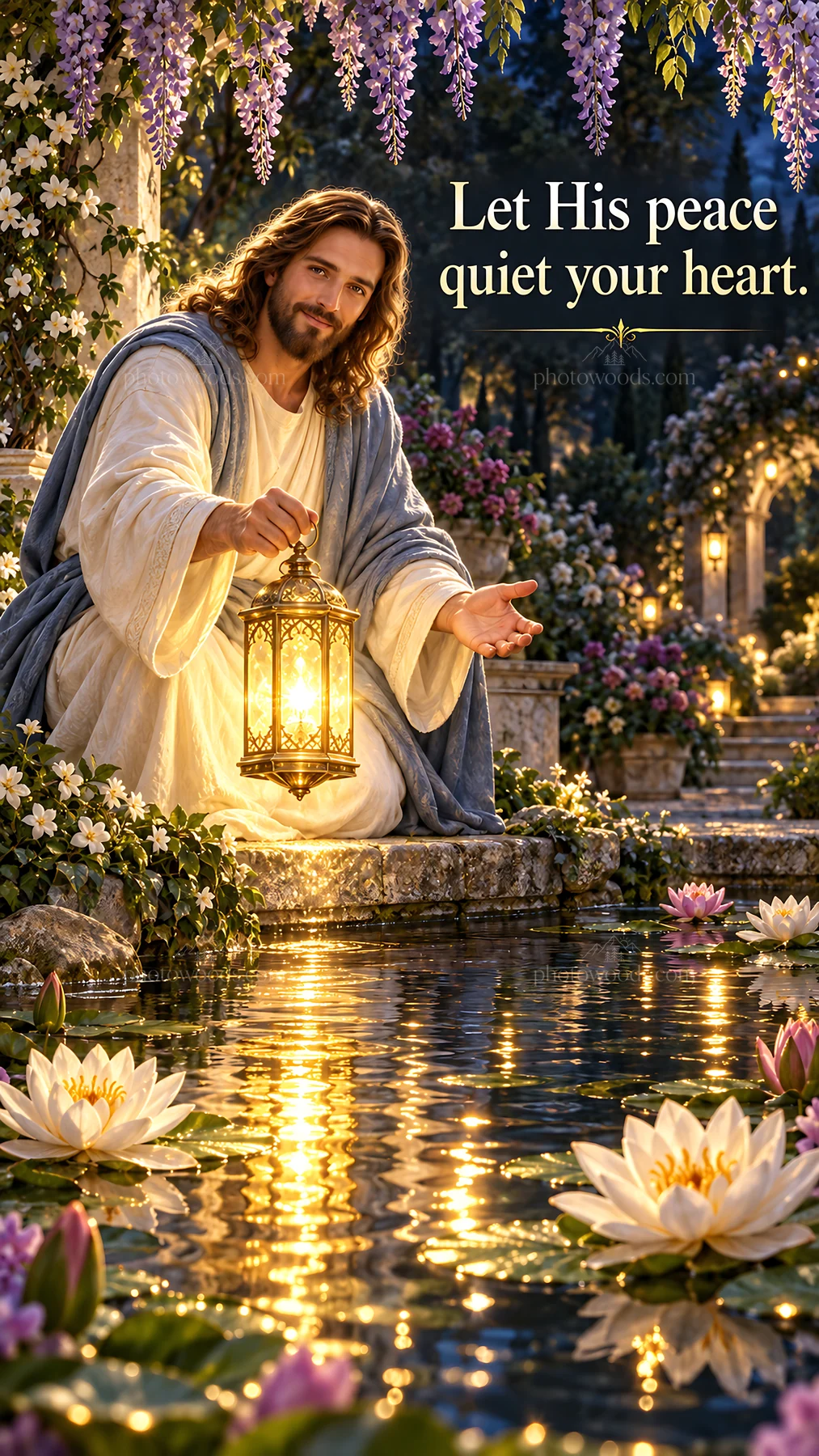 Jesus Christ offering peace by the water with lantern - AI-generated stock image