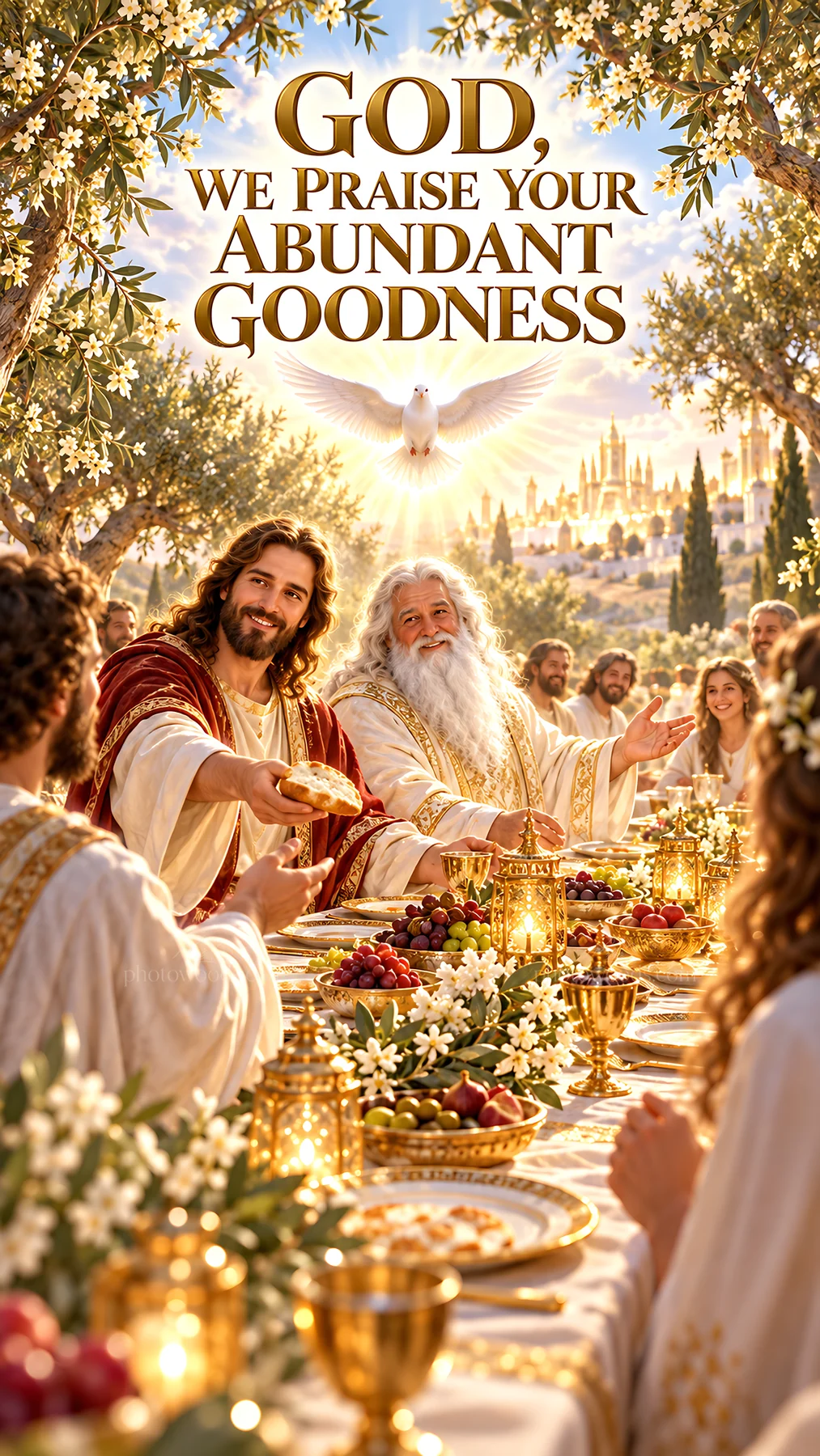 Jesus Christ sharing a meal with disciples in a garden - AI-generated stock image