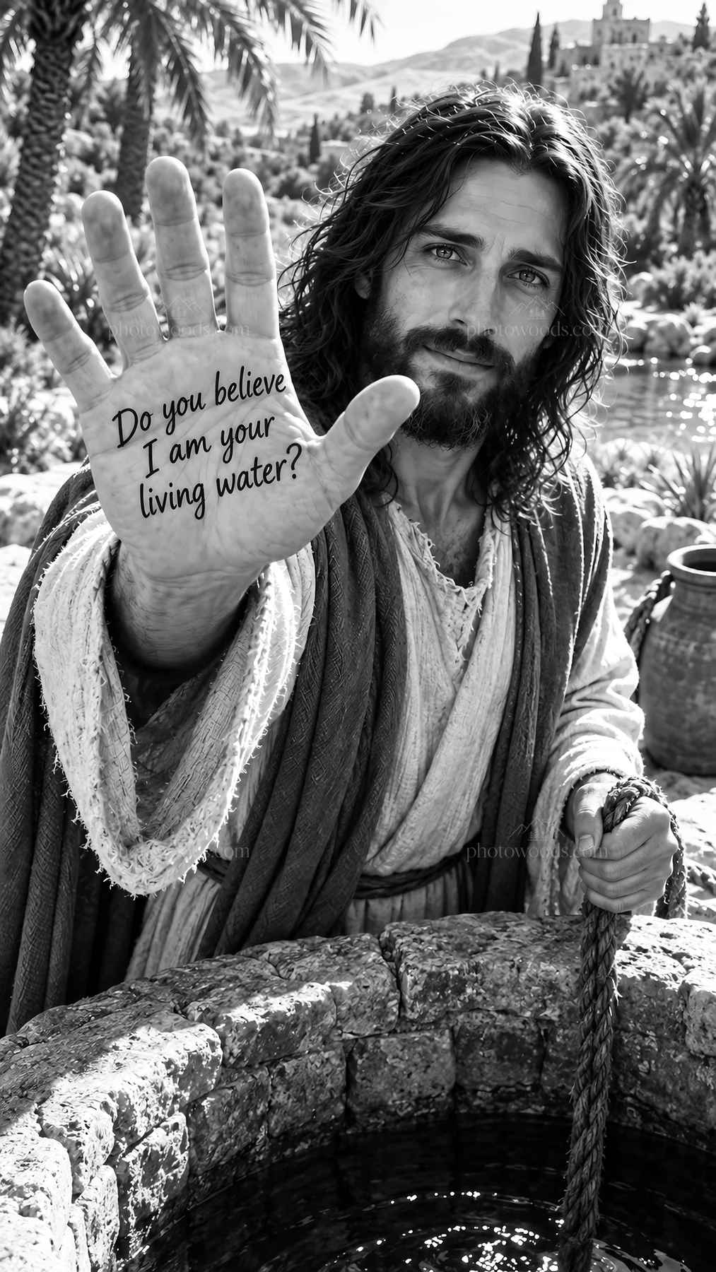 Jesus Christ offers living water at the well - AI-generated stock image