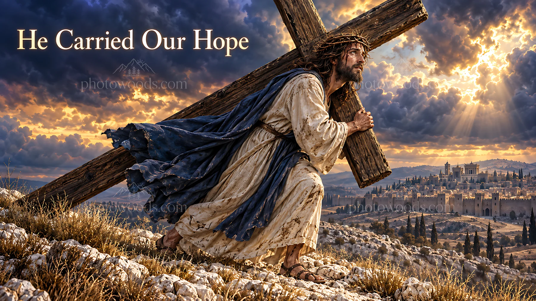 He carried our hope forward in a dramatic landscape - AI-generated stock image