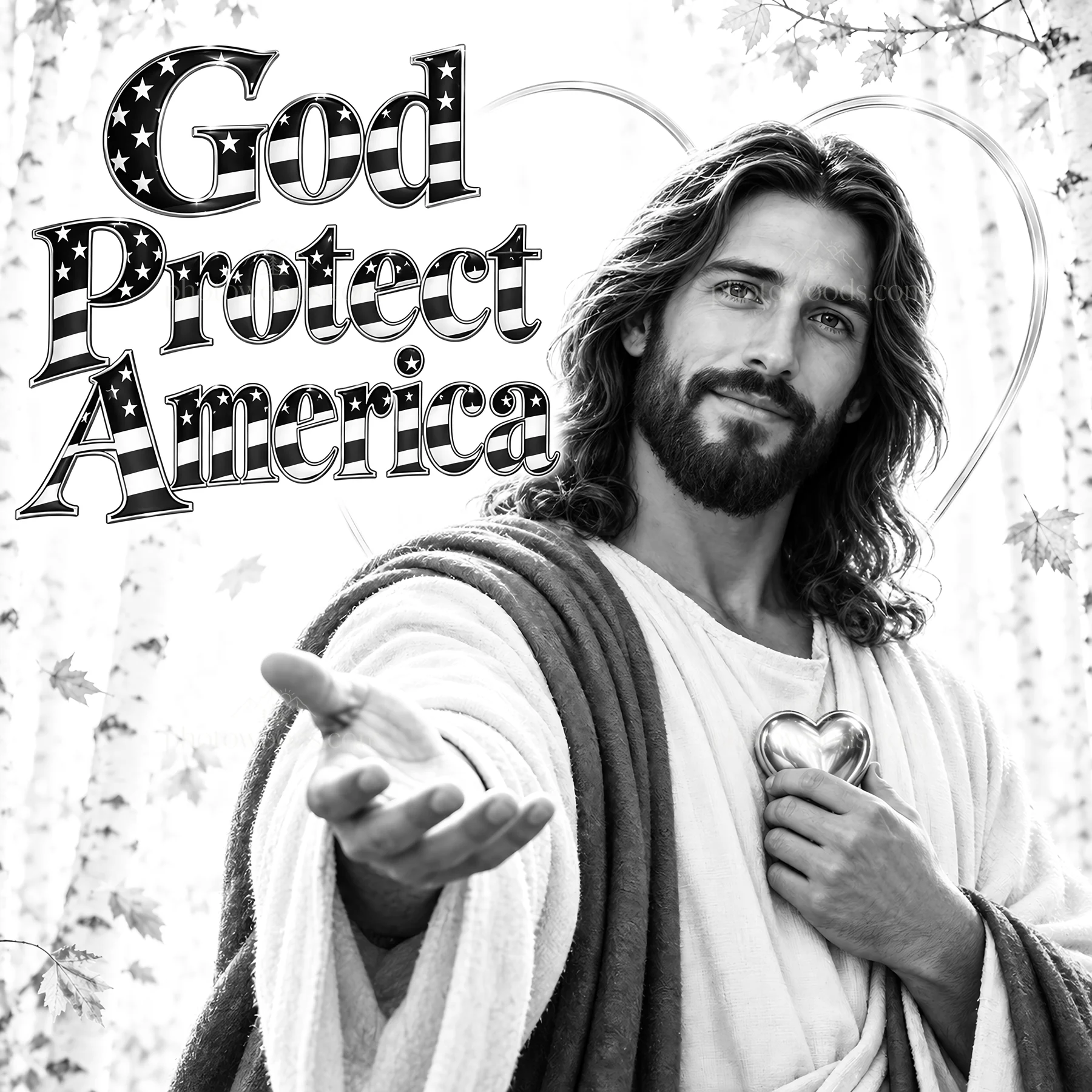 Jesus Christ extends hand with heart in America scene - AI-generated stock image