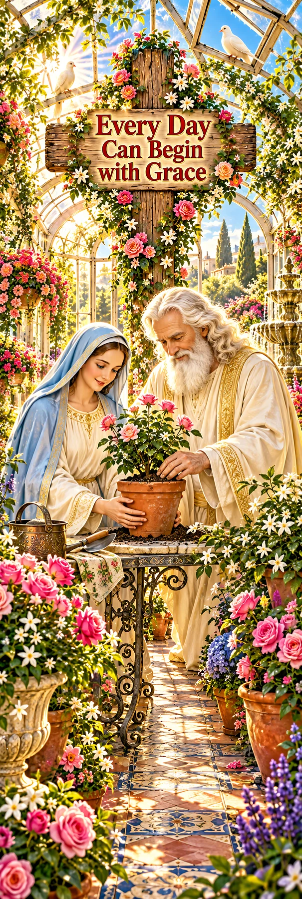 Jesus Christ and Mary planting flowers in a garden - AI-generated stock image