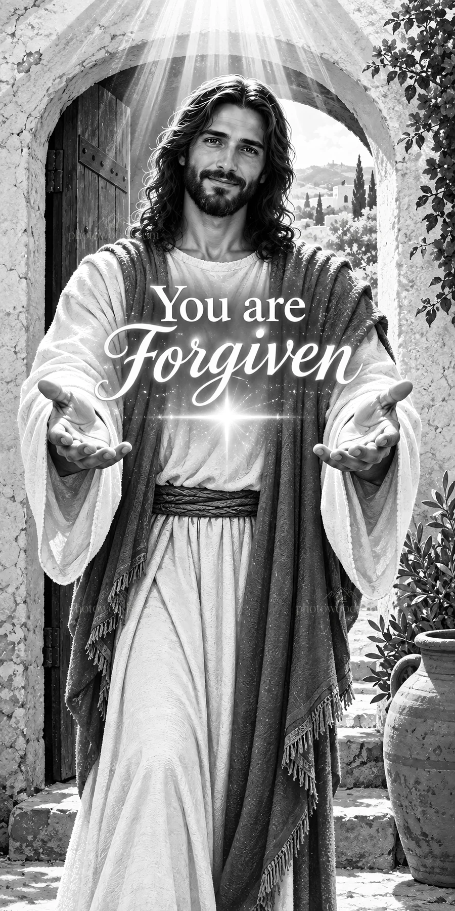 Jesus Christ offers forgiveness with open arms - AI-generated stock image