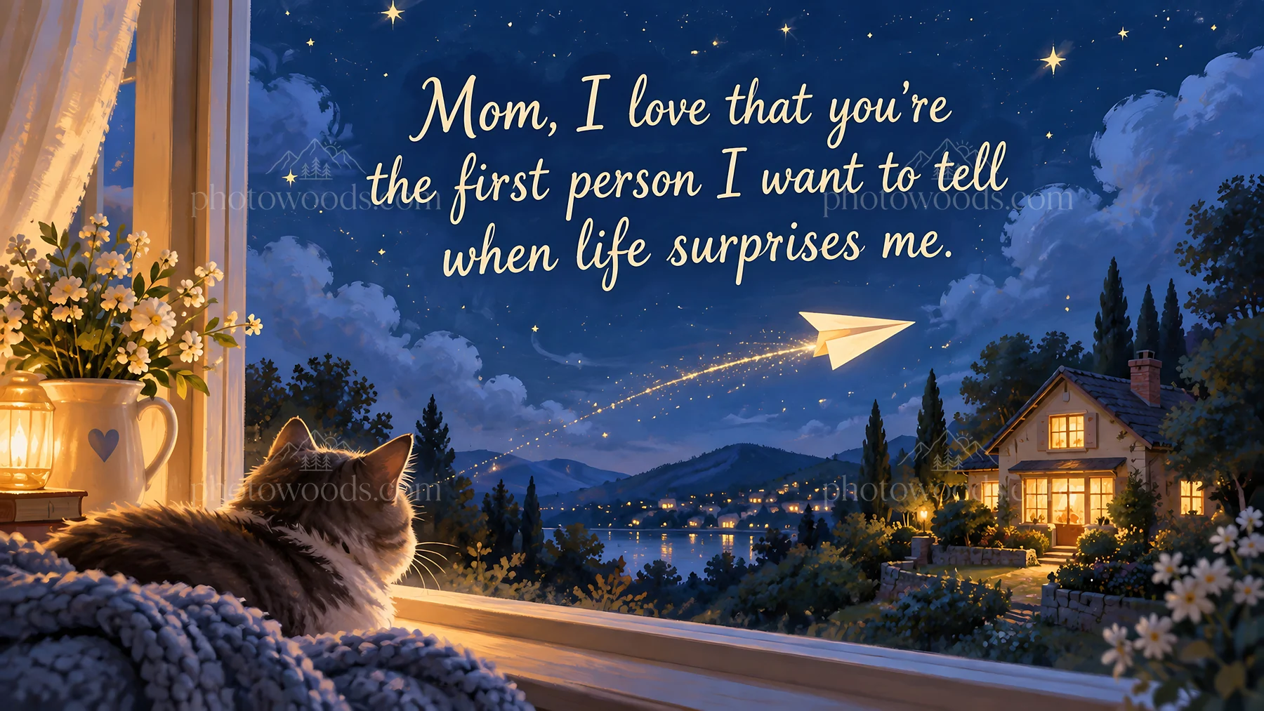Heartfelt Mom Greeting Under a Starry Sky - AI-generated stock image