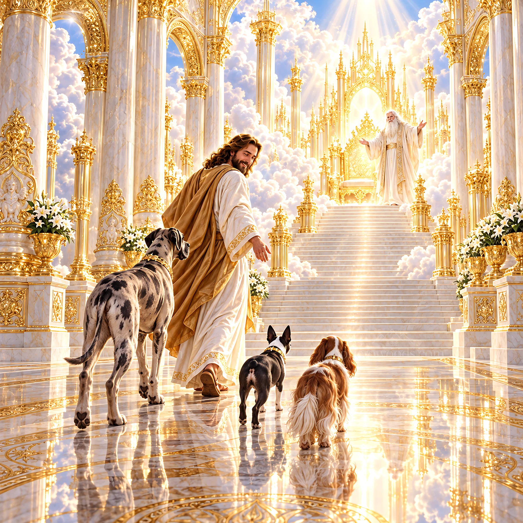 Jesus Christ walking with dogs in a heavenly setting - AI-generated stock image
