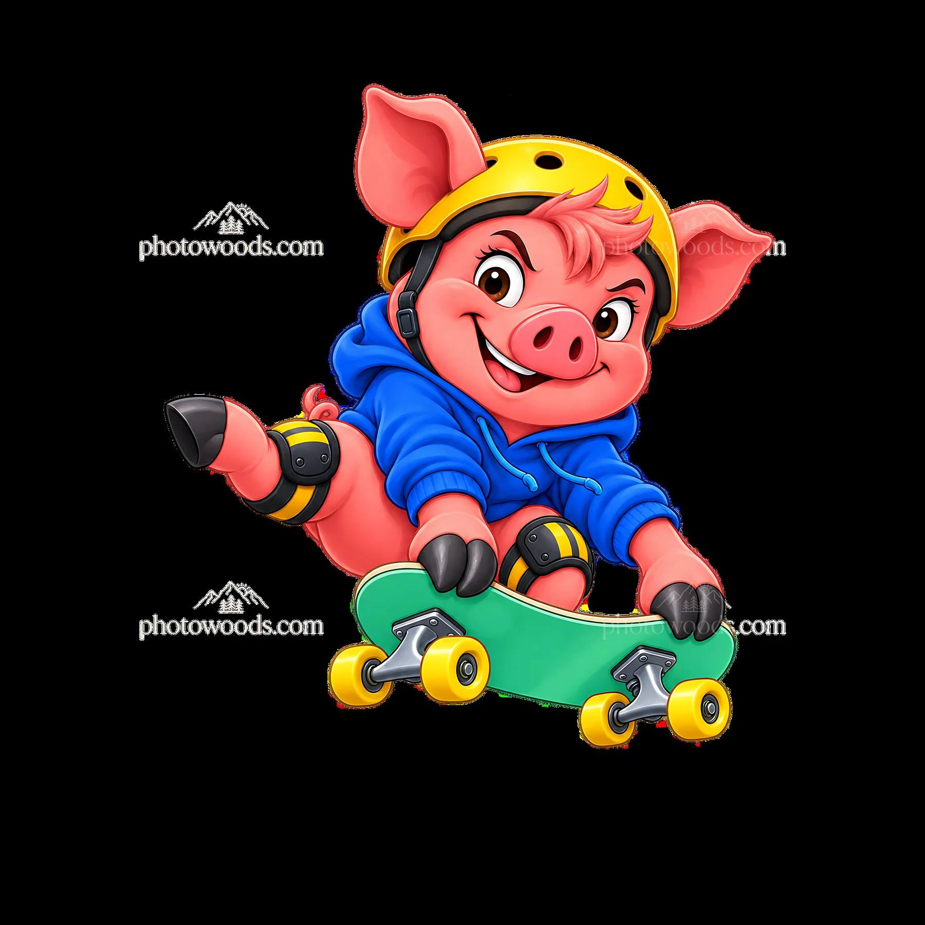 Playful pig in a hoodie skating on a skateboard - AI-generated stock image