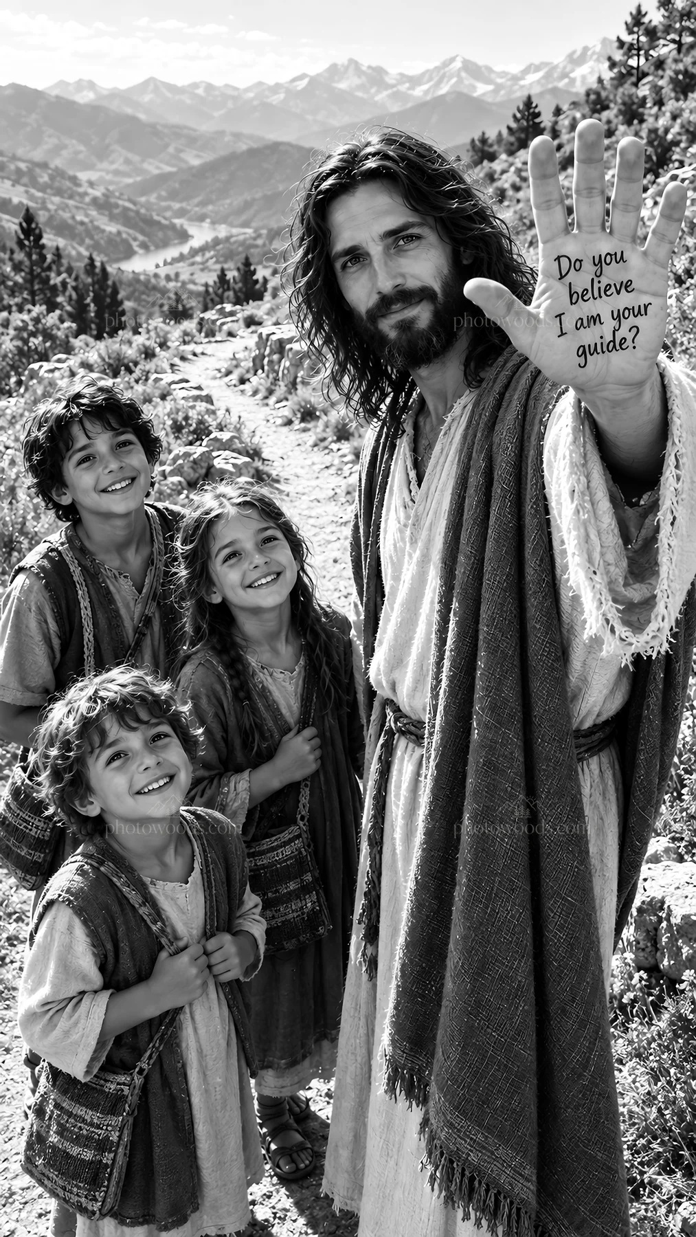 Jesus Christ welcomes children while asking about faith - AI-generated stock image