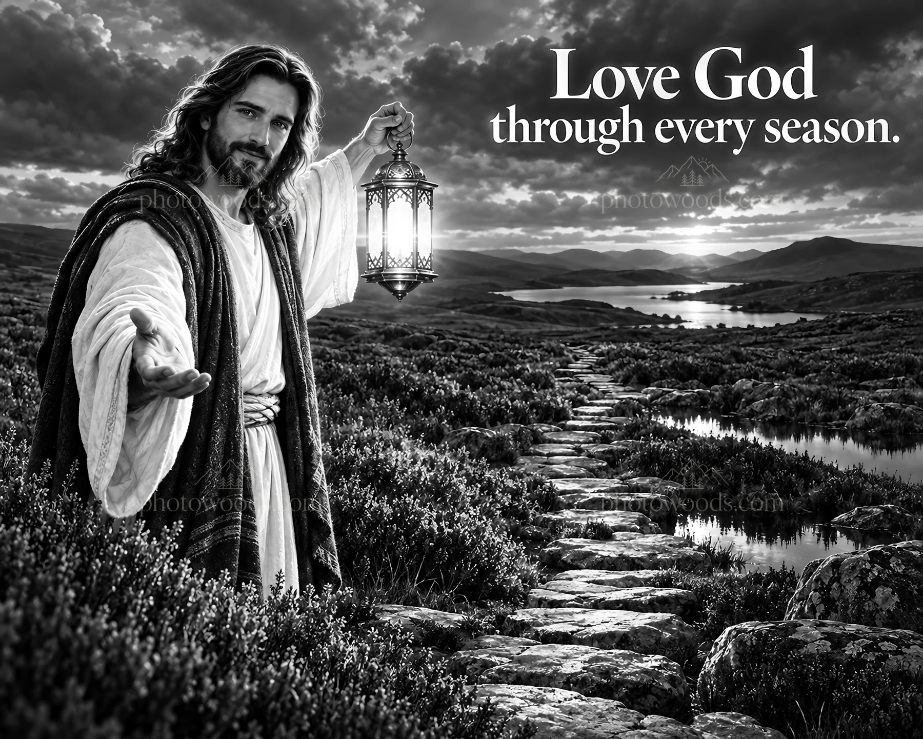 Jesus Christ guiding with a lantern on a rocky path - AI-generated stock image