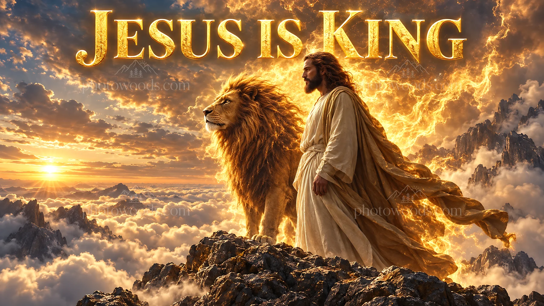 Jesus Christ stands with a lion in a majestic landscape - AI-generated stock image