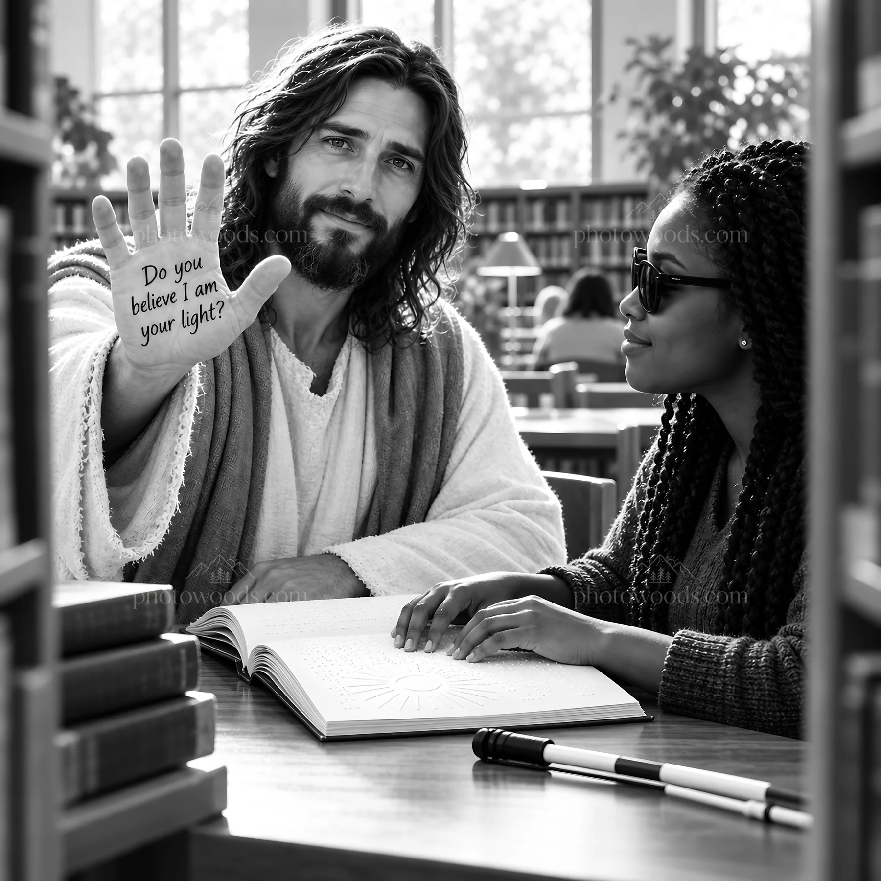 Jesus Christ asks a question in a library setting - AI-generated stock image