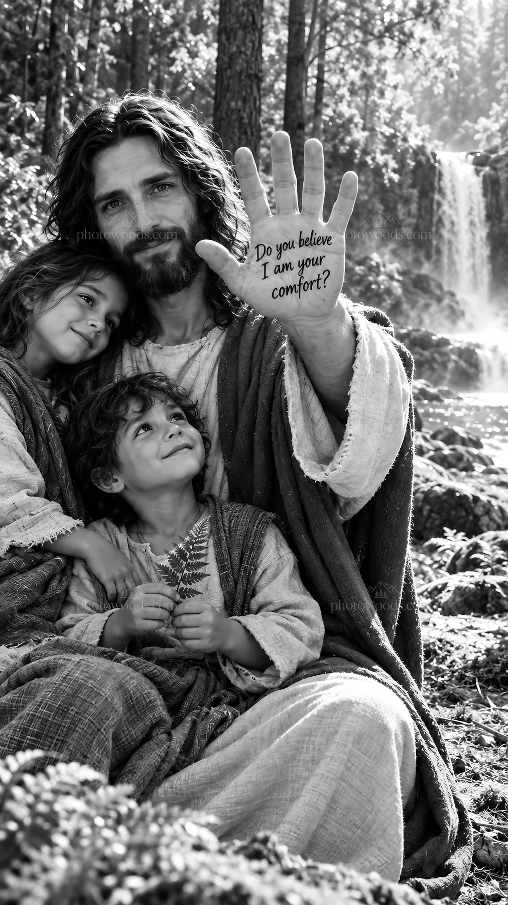 Jesus Christ offering comfort to children - AI-generated stock image