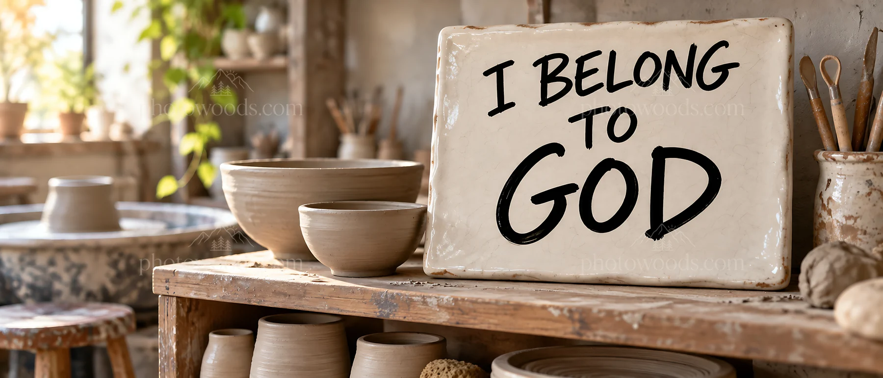 Jesus Christ sign stating I belong to God in pottery setting - AI-generated stock image