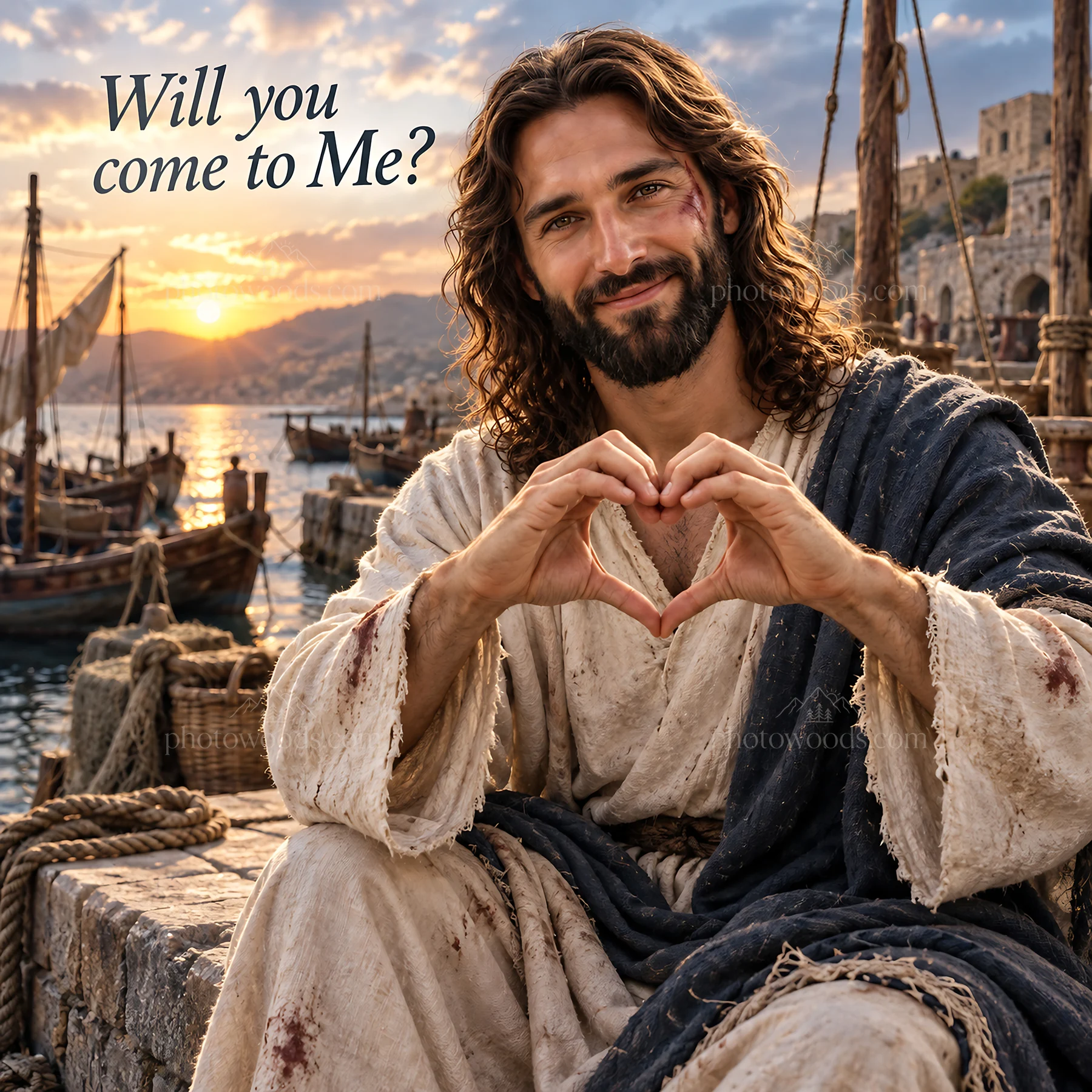 Jesus Christ inviting people by the seaside at sunset - AI-generated stock image