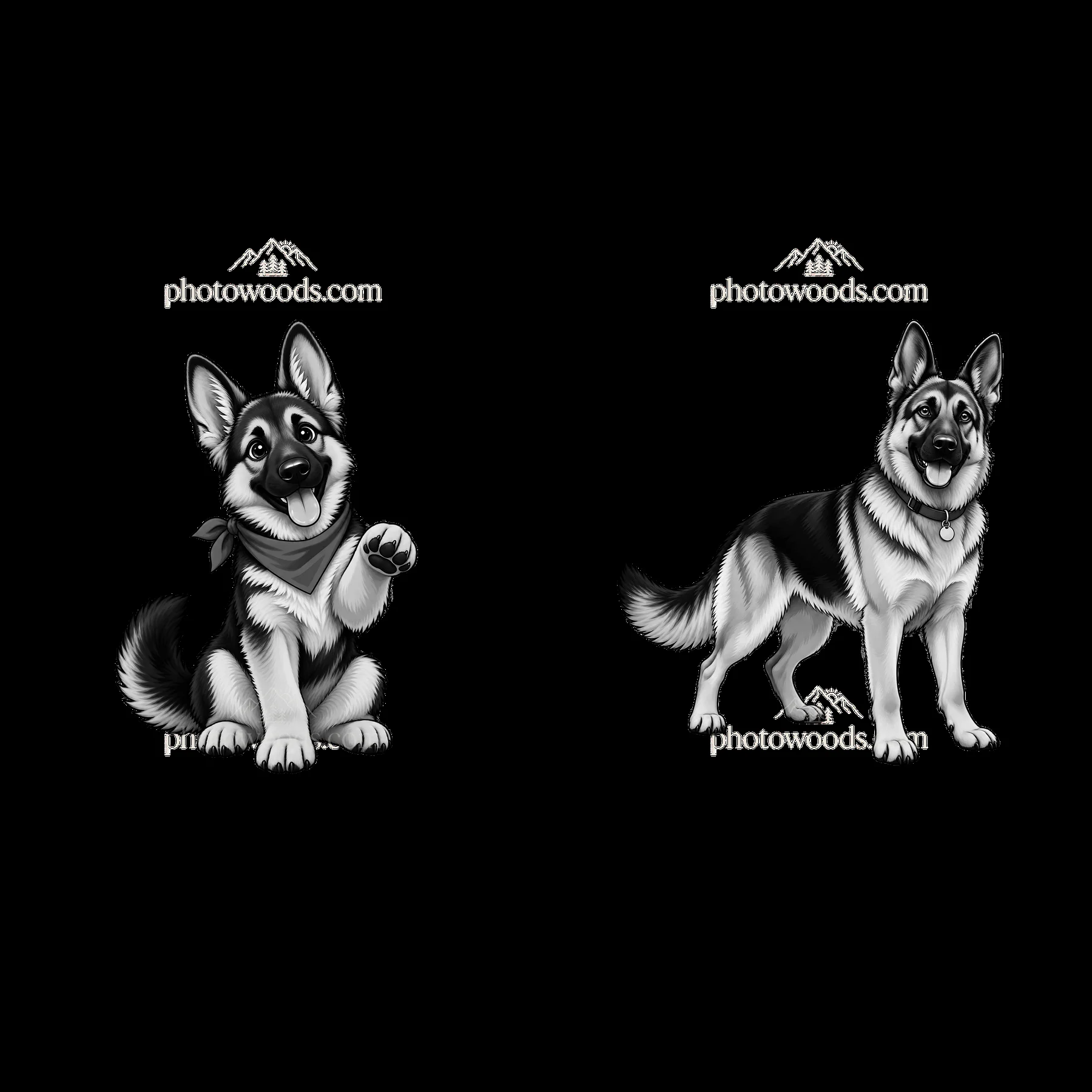 Cartoon stickers of two German Shepherd dogs in monochrome style - AI-generated stock image