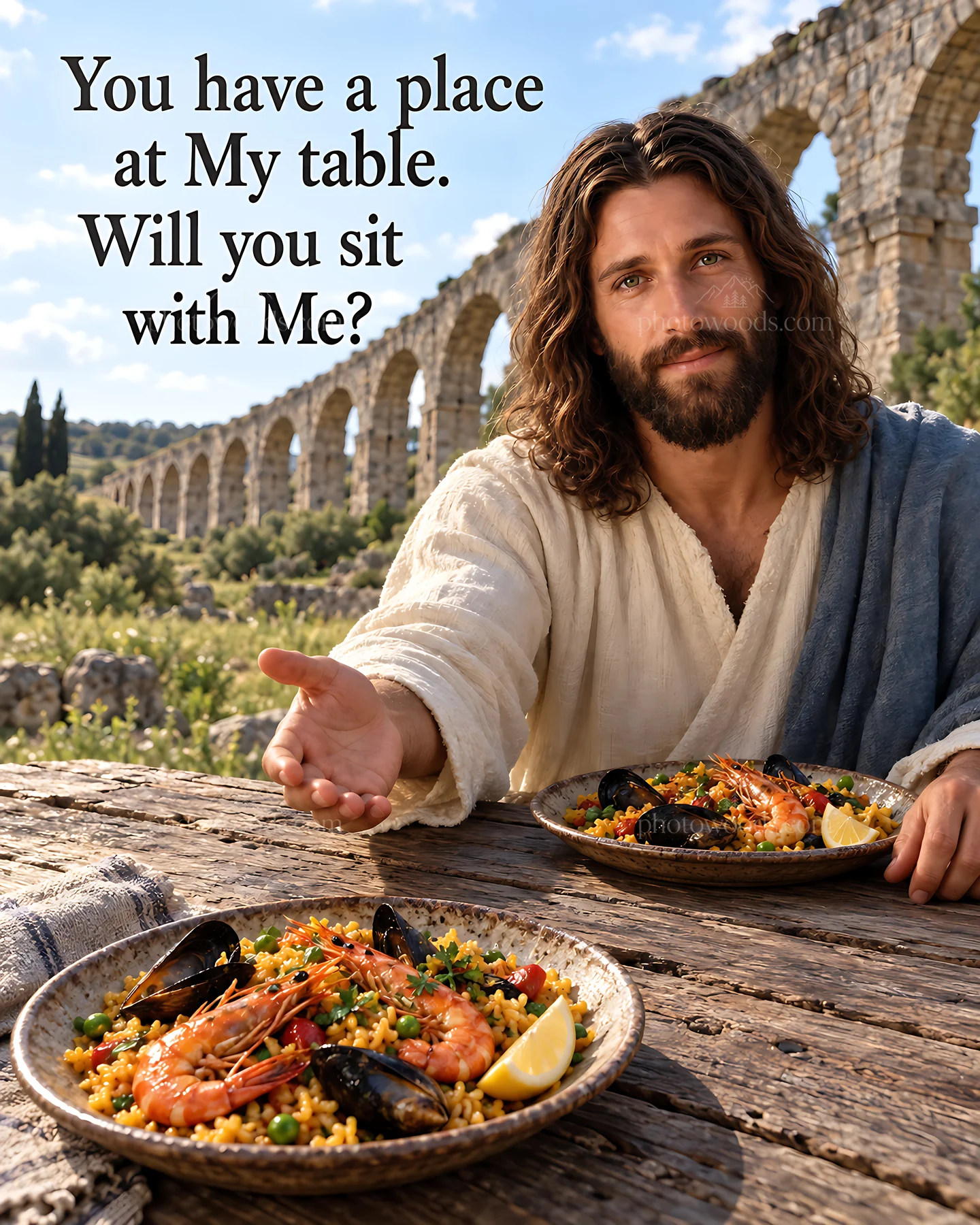 Dinner beneath the old aqueduct at sunset with shared meals - AI-generated stock image