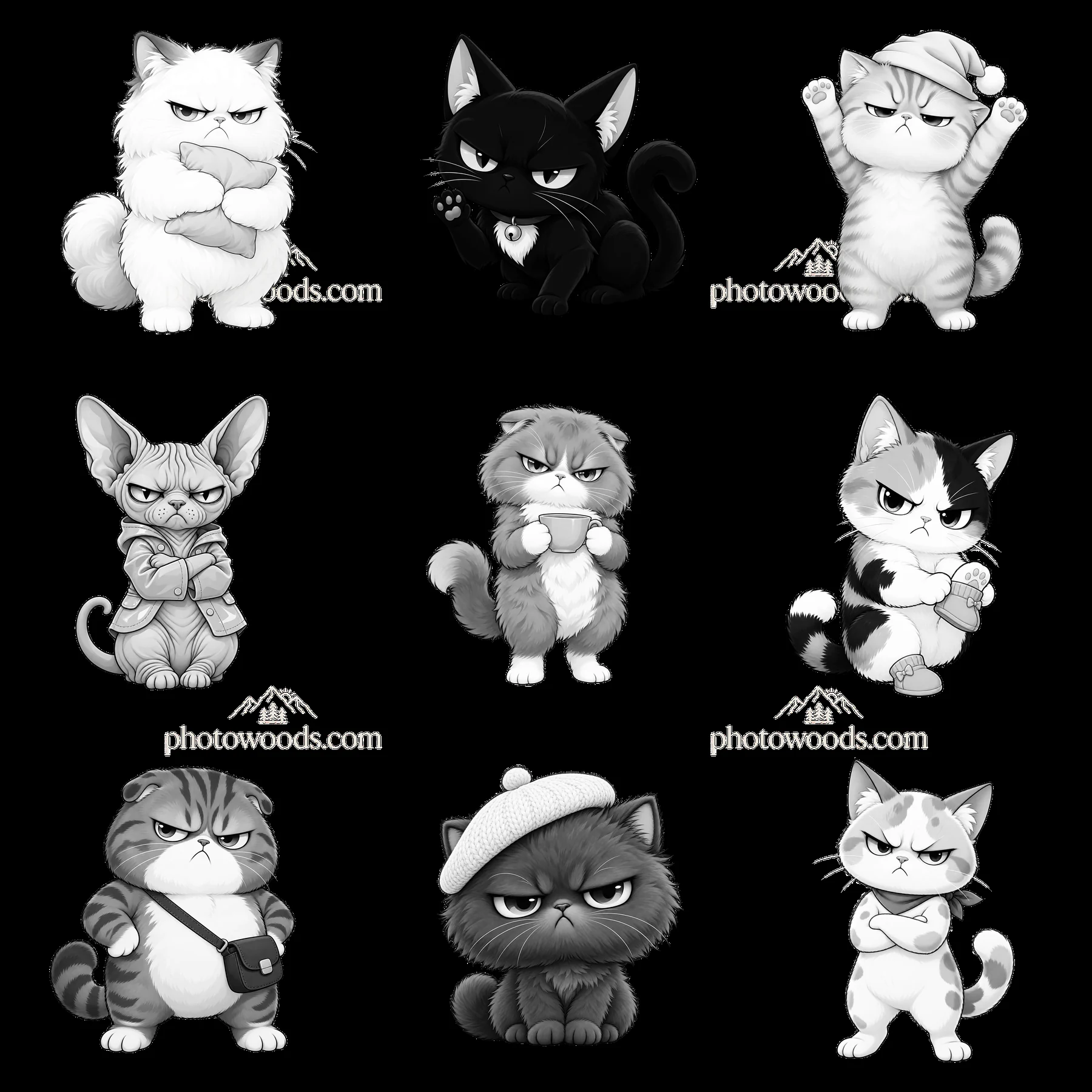 Kawaii grumpy cats in various poses and expressions in grid layout - AI-generated stock image
