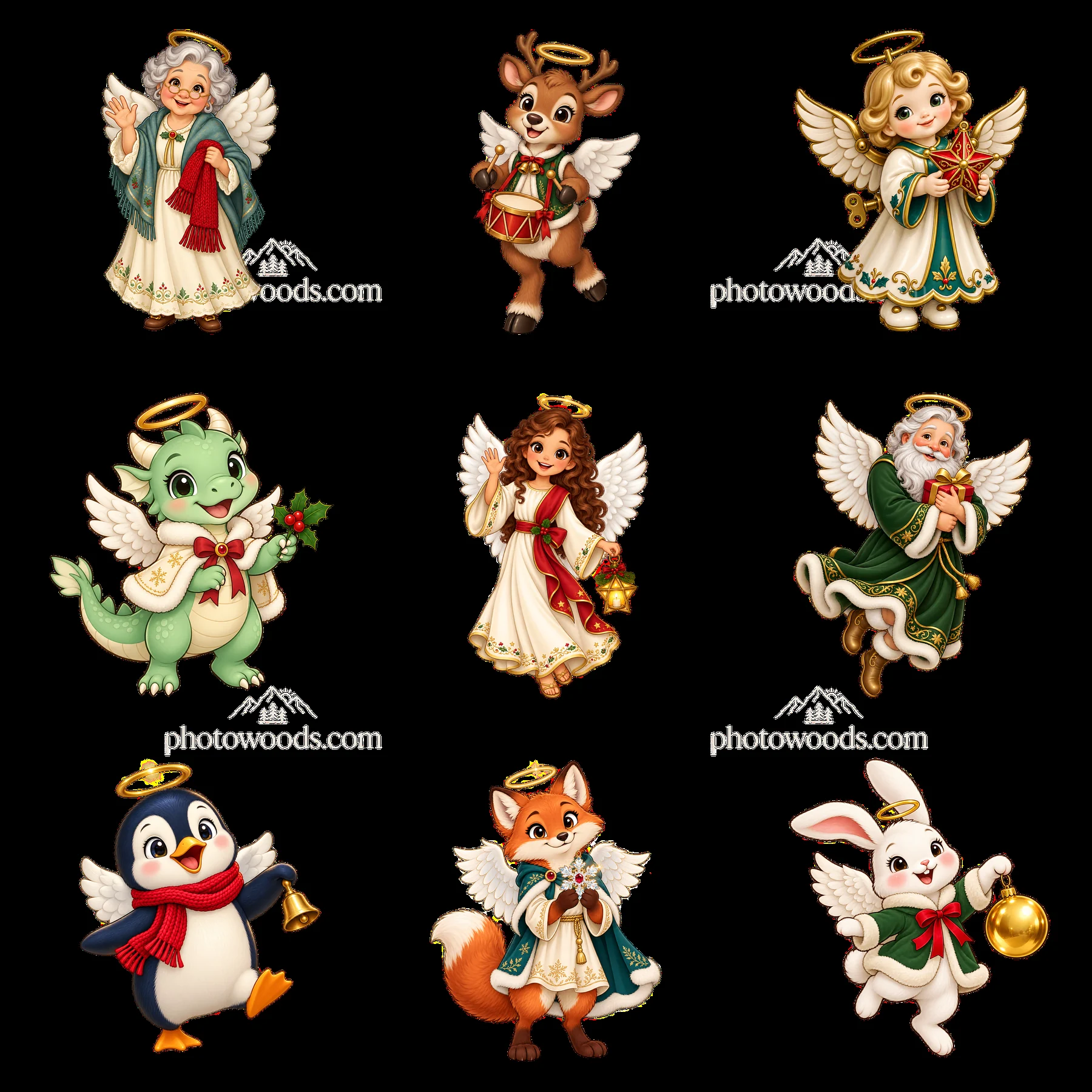 Christmas angels and friends in a festive 3x3 layout - AI-generated stock image