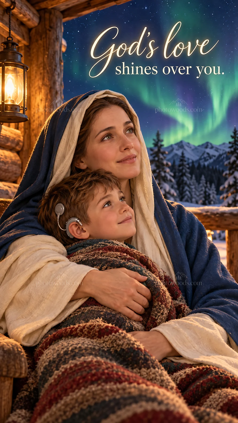 Jesus Christ sharing love and comfort with a child - AI-generated stock image
