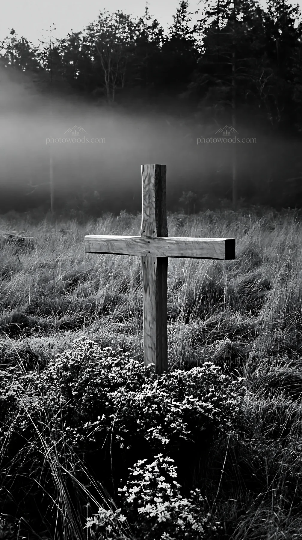 Carved oak cross in a frosted meadow at dawn - AI-generated stock image